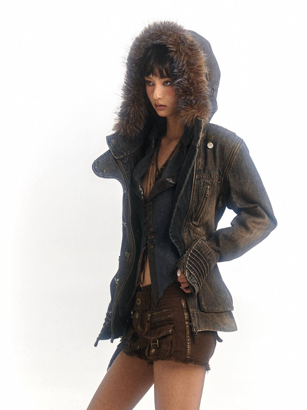 Flowers birds Market Padded Distressed Hooded Shearling Collar Slim Street Zip Denim Jackets