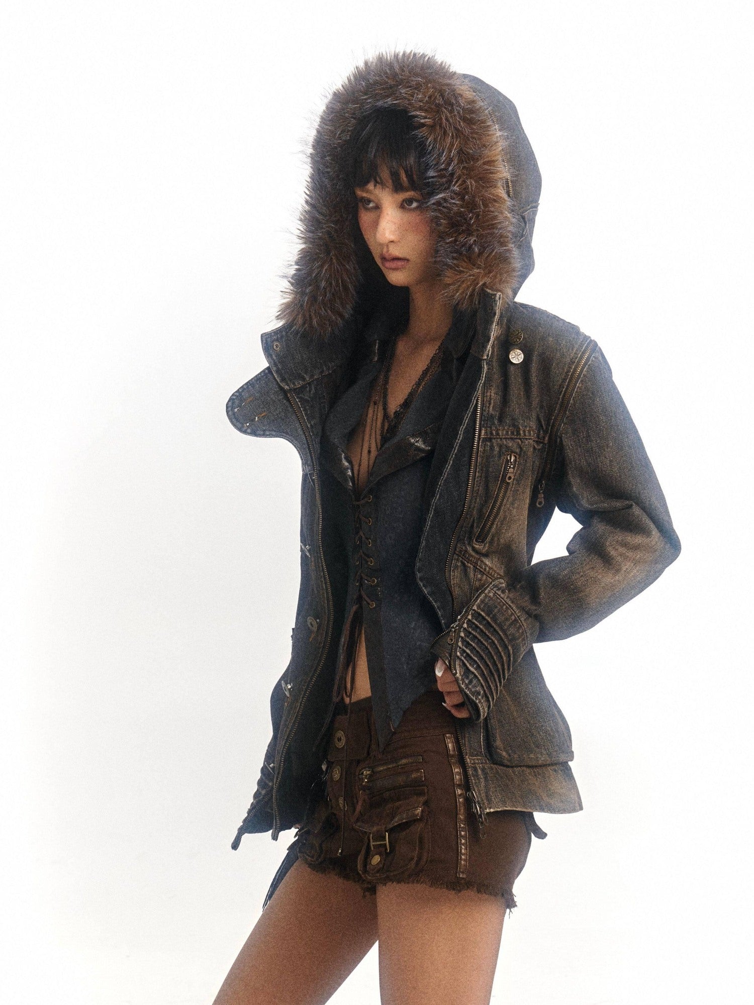 Flowers birds Market Padded Distressed Hooded Shearling Collar Slim Street Zip Denim Jackets