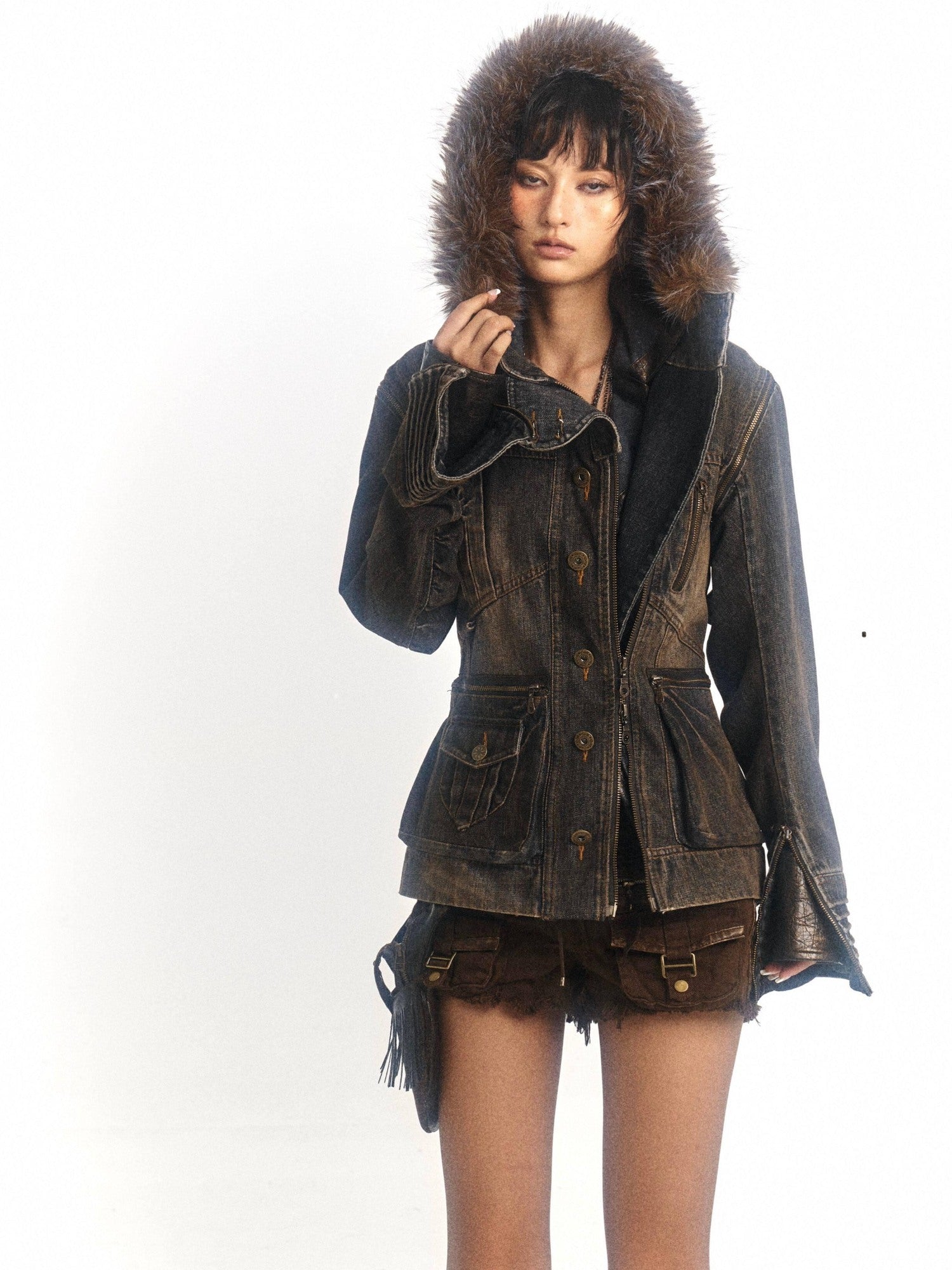 Flowers birds Market Padded Distressed Hooded Shearling Collar Slim Street Zip Denim Jackets