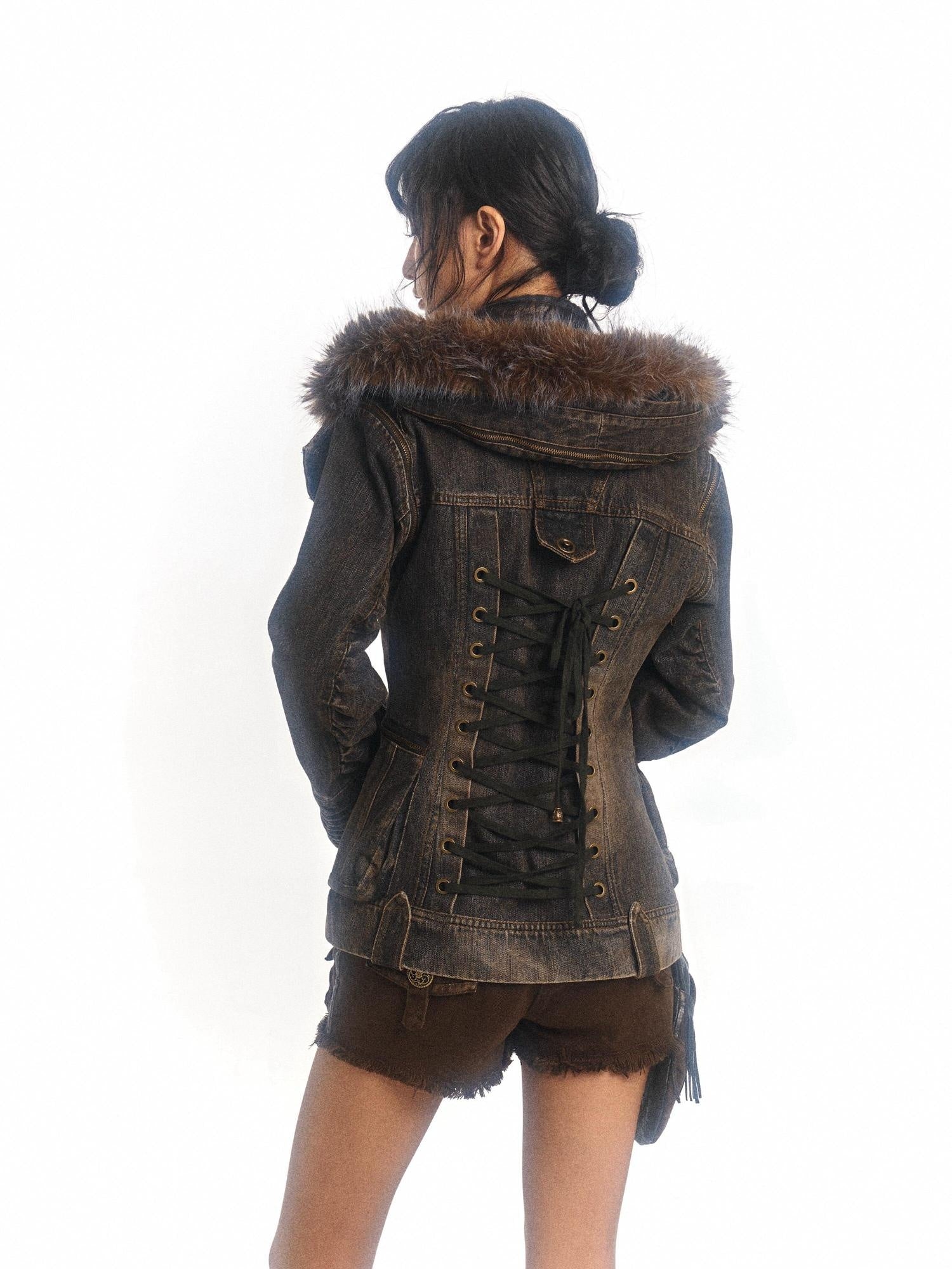 Flowers birds Market Padded Distressed Hooded Shearling Collar Slim Street Zip Denim Jackets