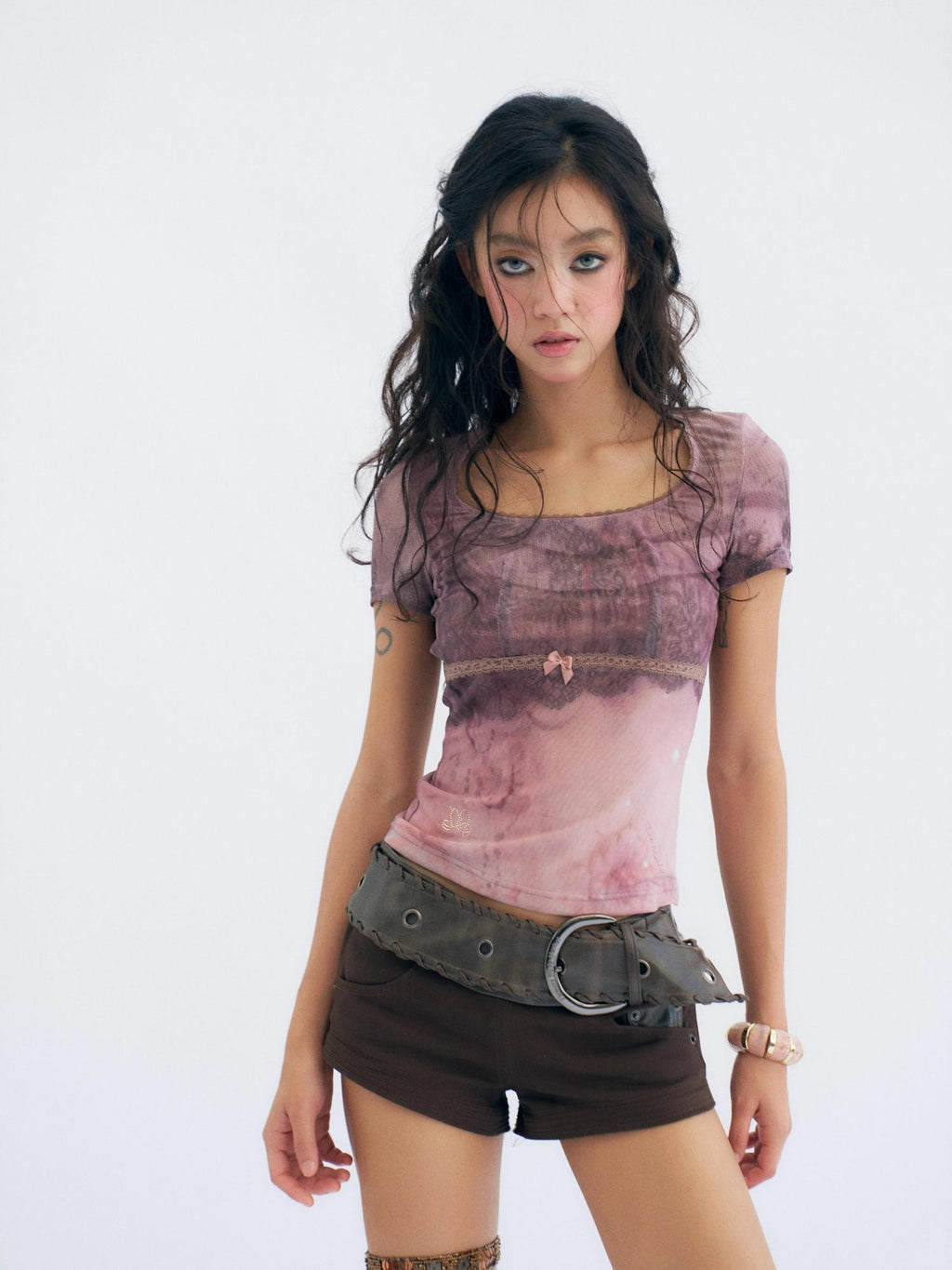 Flowers birds Market Pink Floral Mesh Slim Fit Sexy Crew Neck Flutter Sleeve Short Sleeve T-Shirts