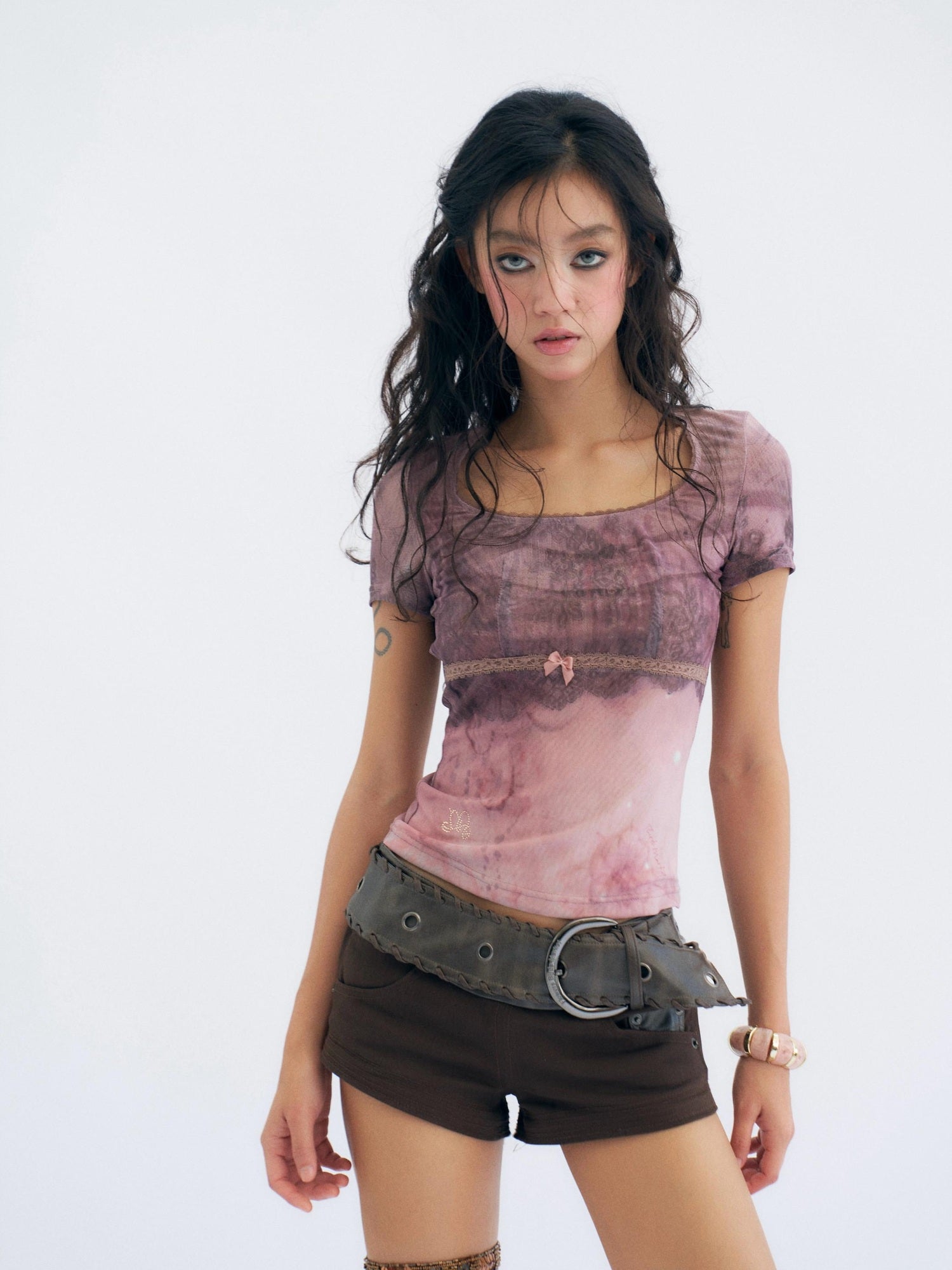 Flowers birds Market Pink Floral Mesh Slim Fit Sexy Crew Neck Flutter Sleeve Short Sleeve T-Shirts