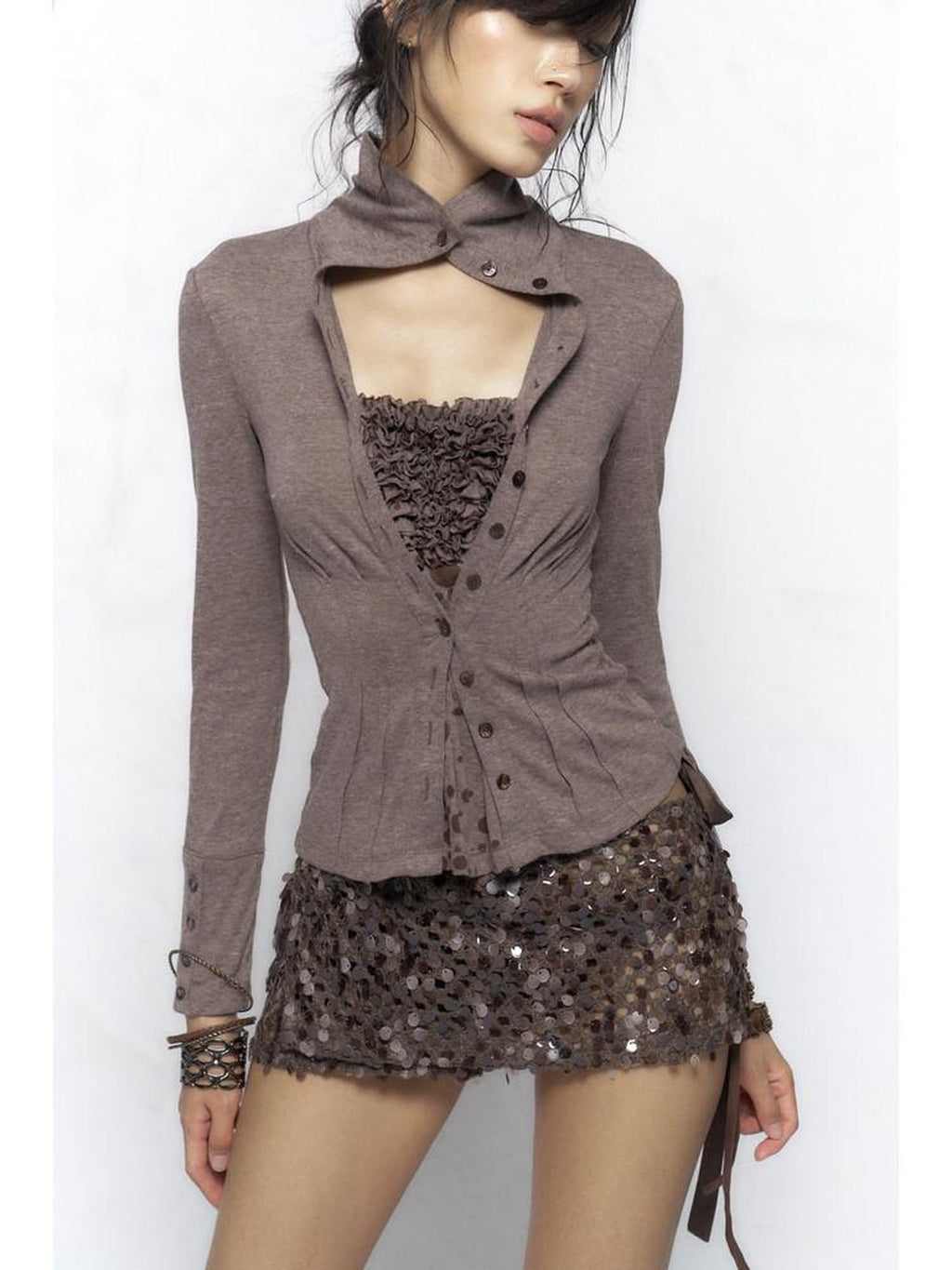 Flowers birds Market Pleated Long Sleeve Classic Fit Khaki Dark Gray Knitwear Women Cardigans