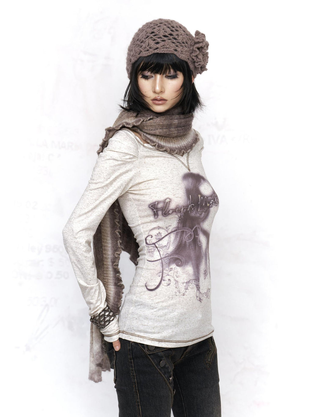 Flowers birds Market Pure Cotton Punk Slim V-neck Graphic Print Warm White Long Sleeve T-Shirts