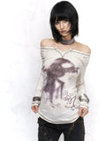 Flowers birds Market Pure Cotton Punk Slim V-neck Graphic Print Warm White Long Sleeve T-Shirts