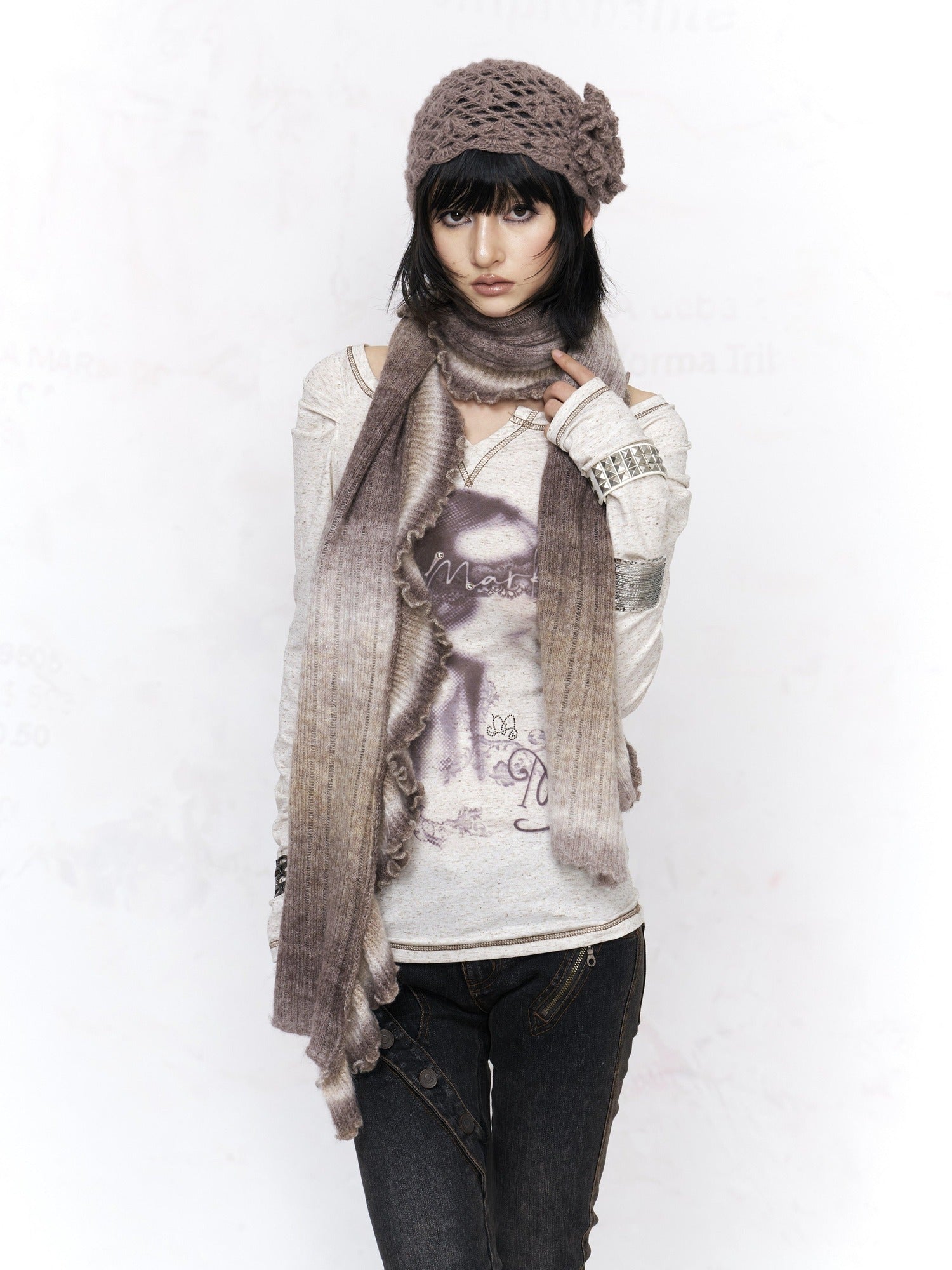 Flowers birds Market Pure Cotton Punk Slim V-neck Graphic Print Warm White Long Sleeve T-Shirts