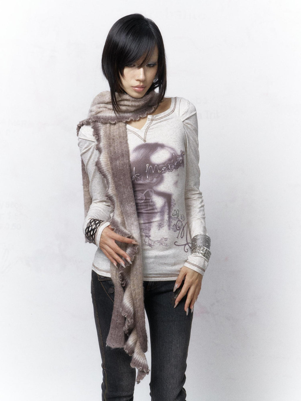 Flowers birds Market Pure Cotton Punk Slim V-neck Graphic Print Warm White Long Sleeve T-Shirts