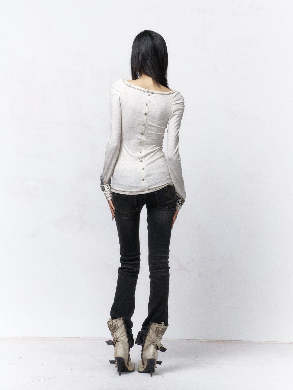Flowers birds Market Pure Cotton Punk Slim V-neck Graphic Print Warm White Long Sleeve T-Shirts
