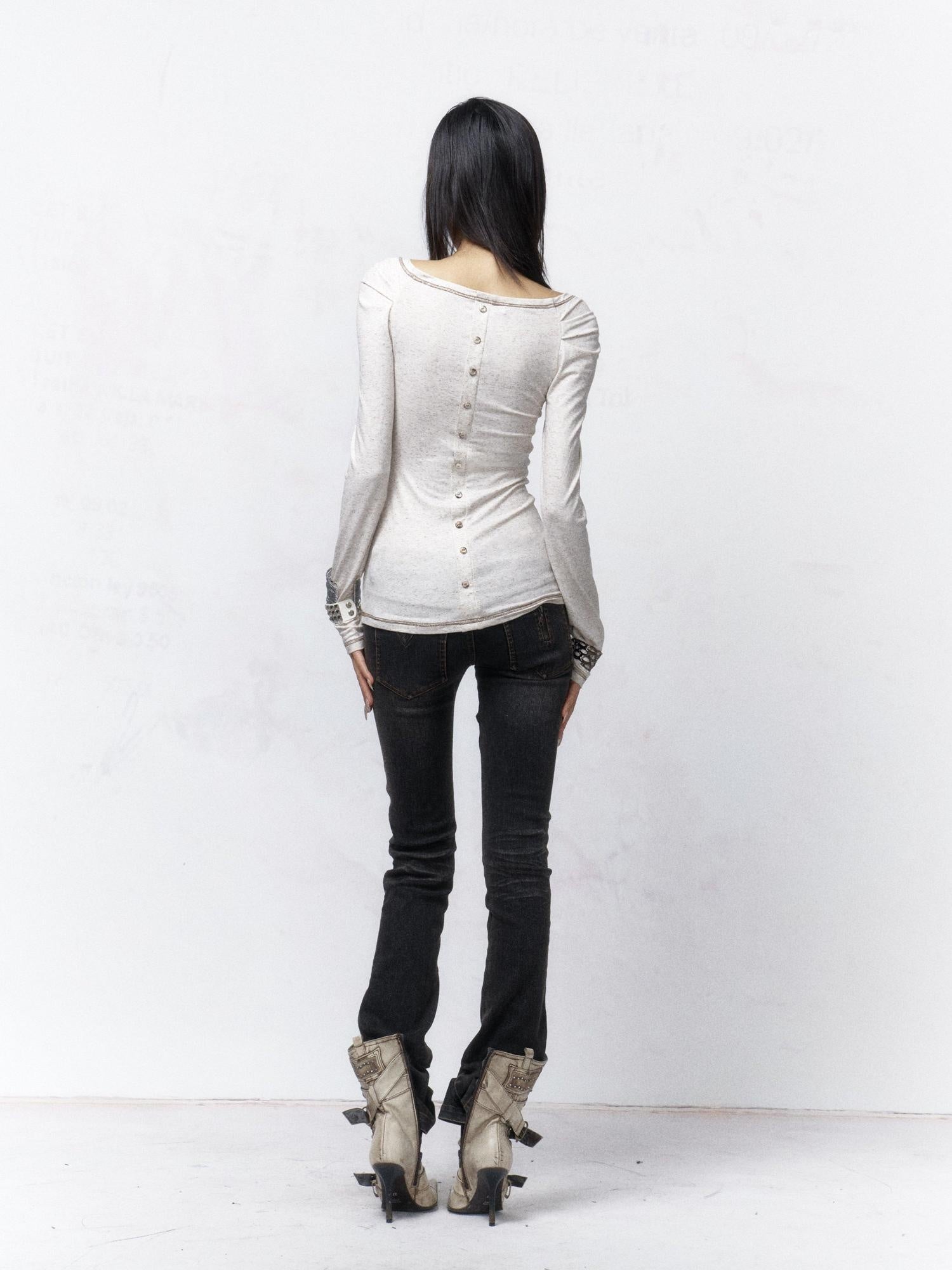 Flowers birds Market Pure Cotton Punk Slim V-neck Graphic Print Warm White Long Sleeve T-Shirts