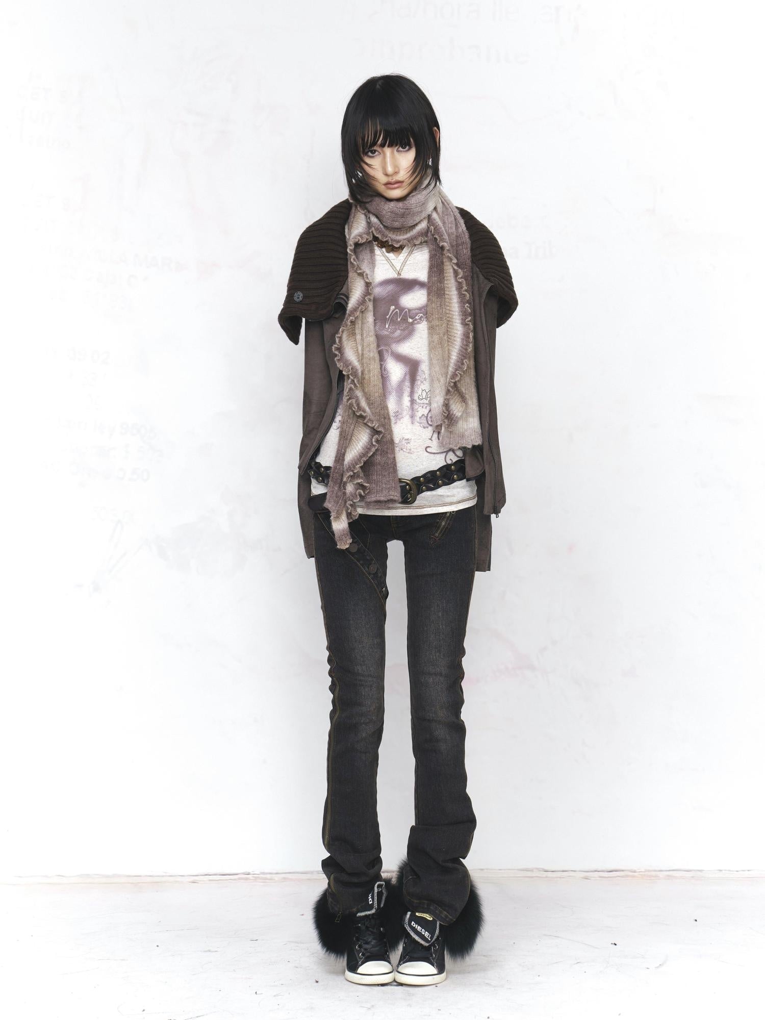 Flowers birds Market Pure Cotton Punk Slim V-neck Graphic Print Warm White Long Sleeve T-Shirts