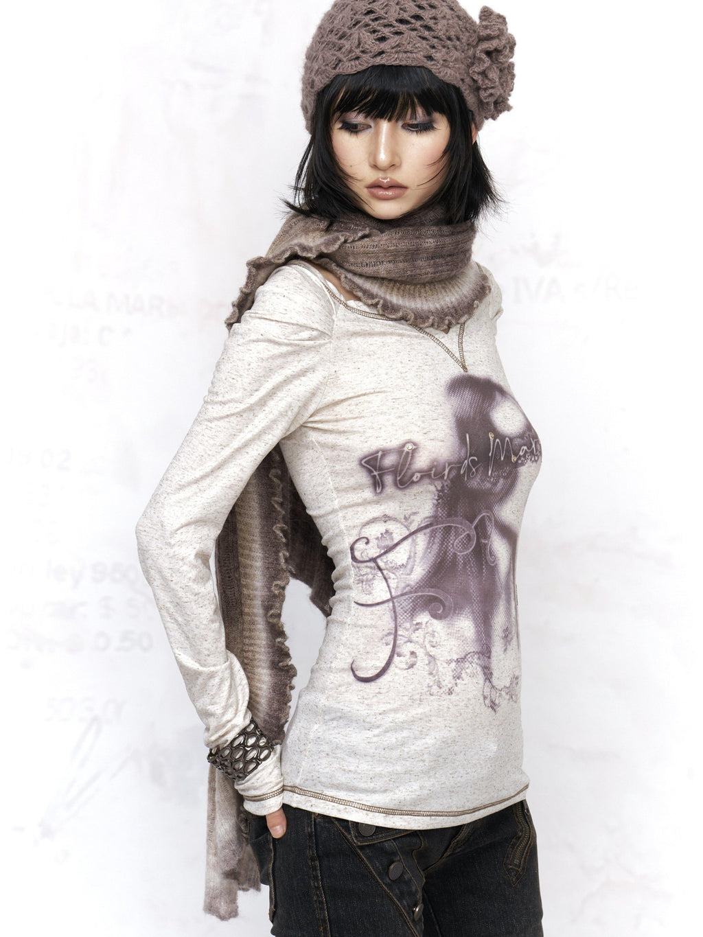 Flowers birds Market Pure Cotton Punk Slim V-neck Graphic Print Warm White Long Sleeve T-Shirts