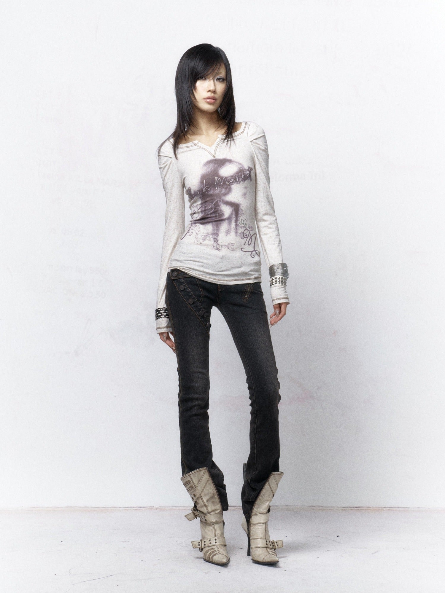 Flowers birds Market Pure Cotton Punk Slim V-neck Graphic Print Warm White Long Sleeve T-Shirts