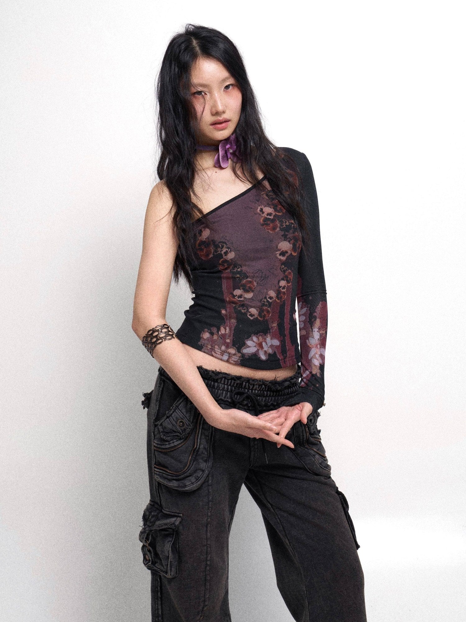 Flowers birds Market Quick Dry Sexy Slim Floral Asymmetric Neckline Women Black Long Sleeve T-Shirts