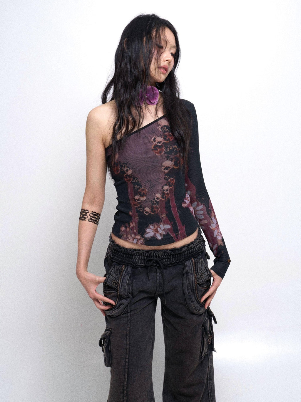 Flowers birds Market Quick Dry Sexy Slim Floral Asymmetric Neckline Women Black Long Sleeve T-Shirts