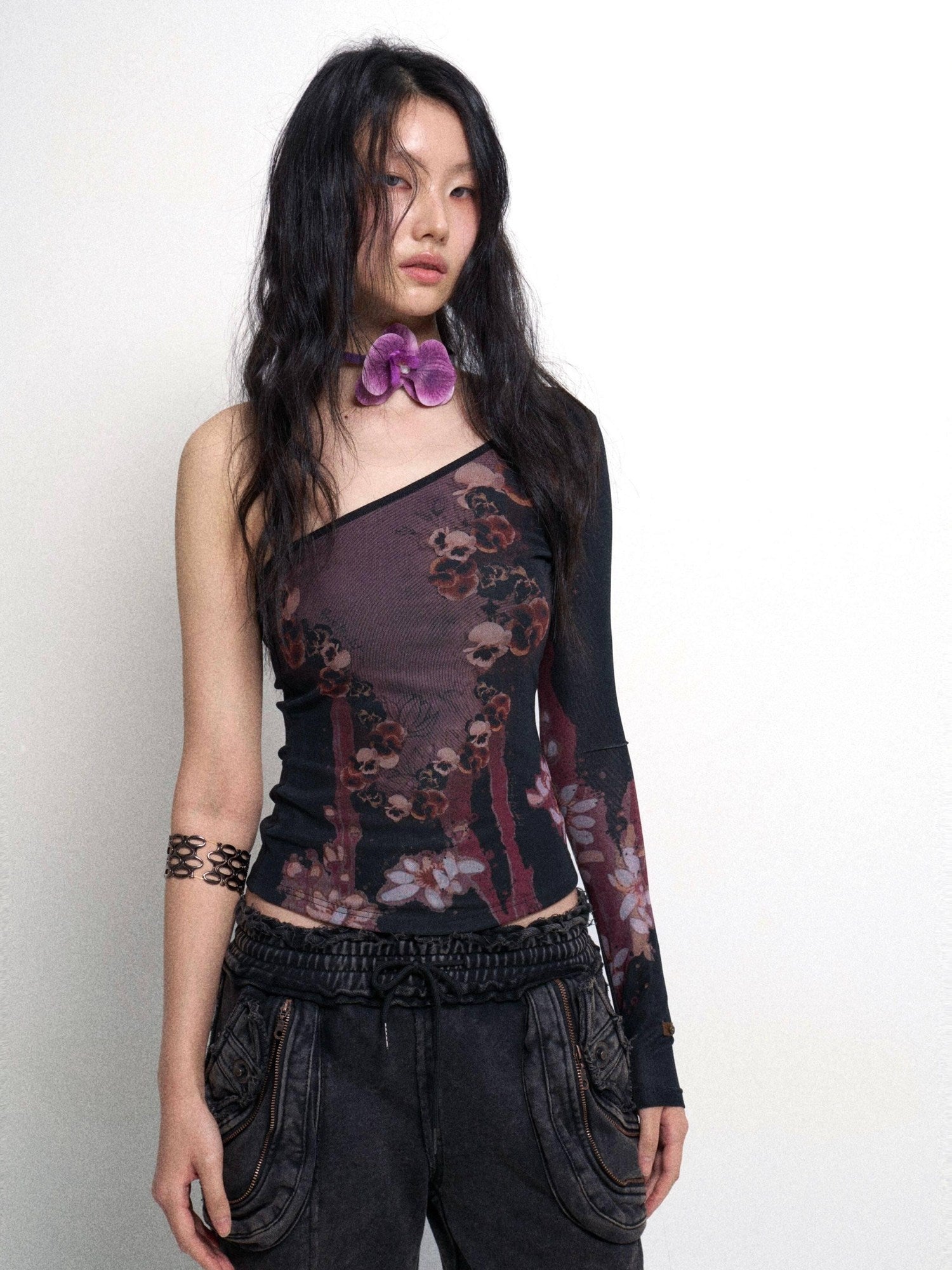 Flowers birds Market Quick Dry Sexy Slim Floral Asymmetric Neckline Women Black Long Sleeve T-Shirts