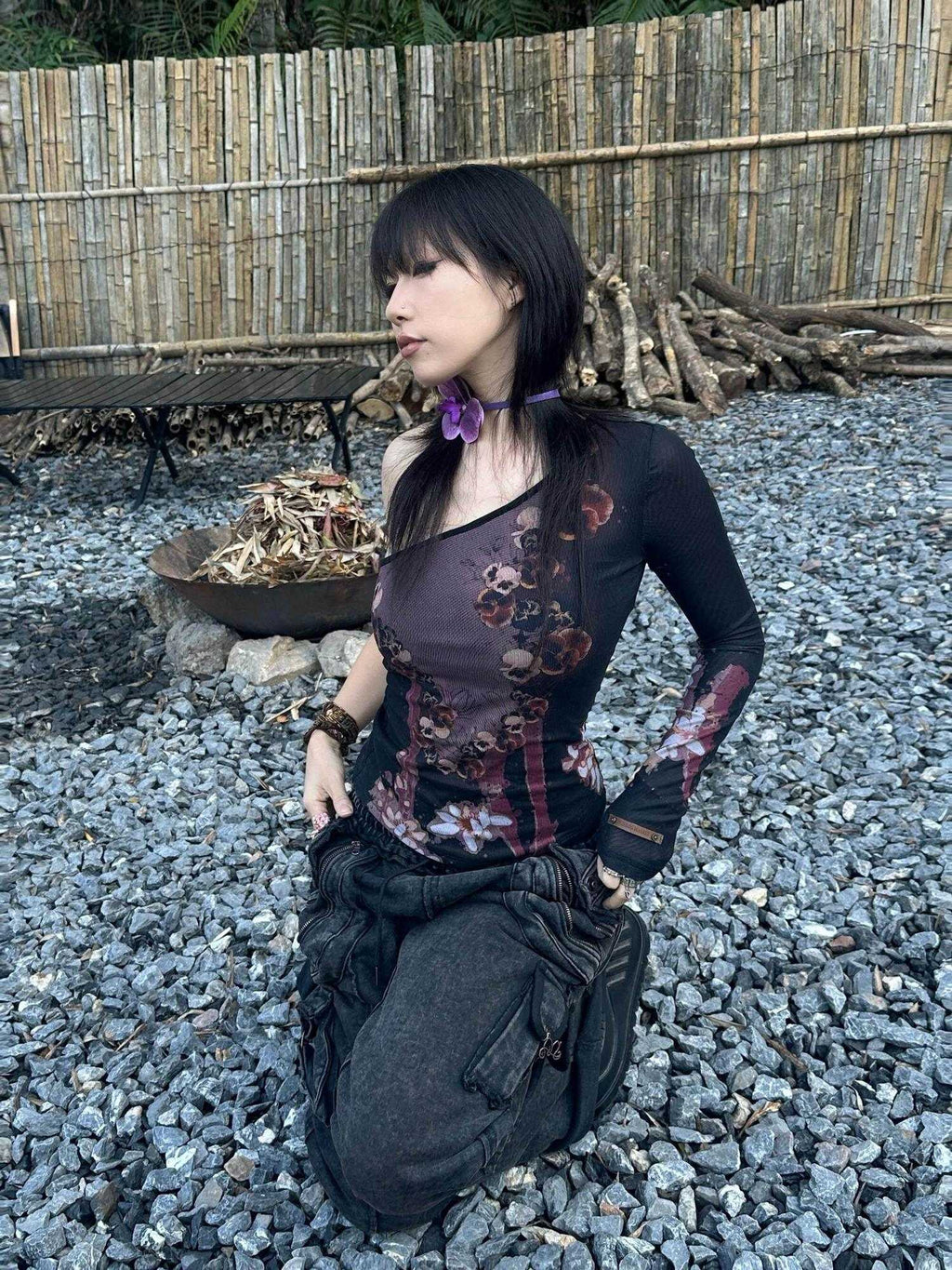 Flowers birds Market Quick Dry Sexy Slim Floral Asymmetric Neckline Women Black Long Sleeve T-Shirts
