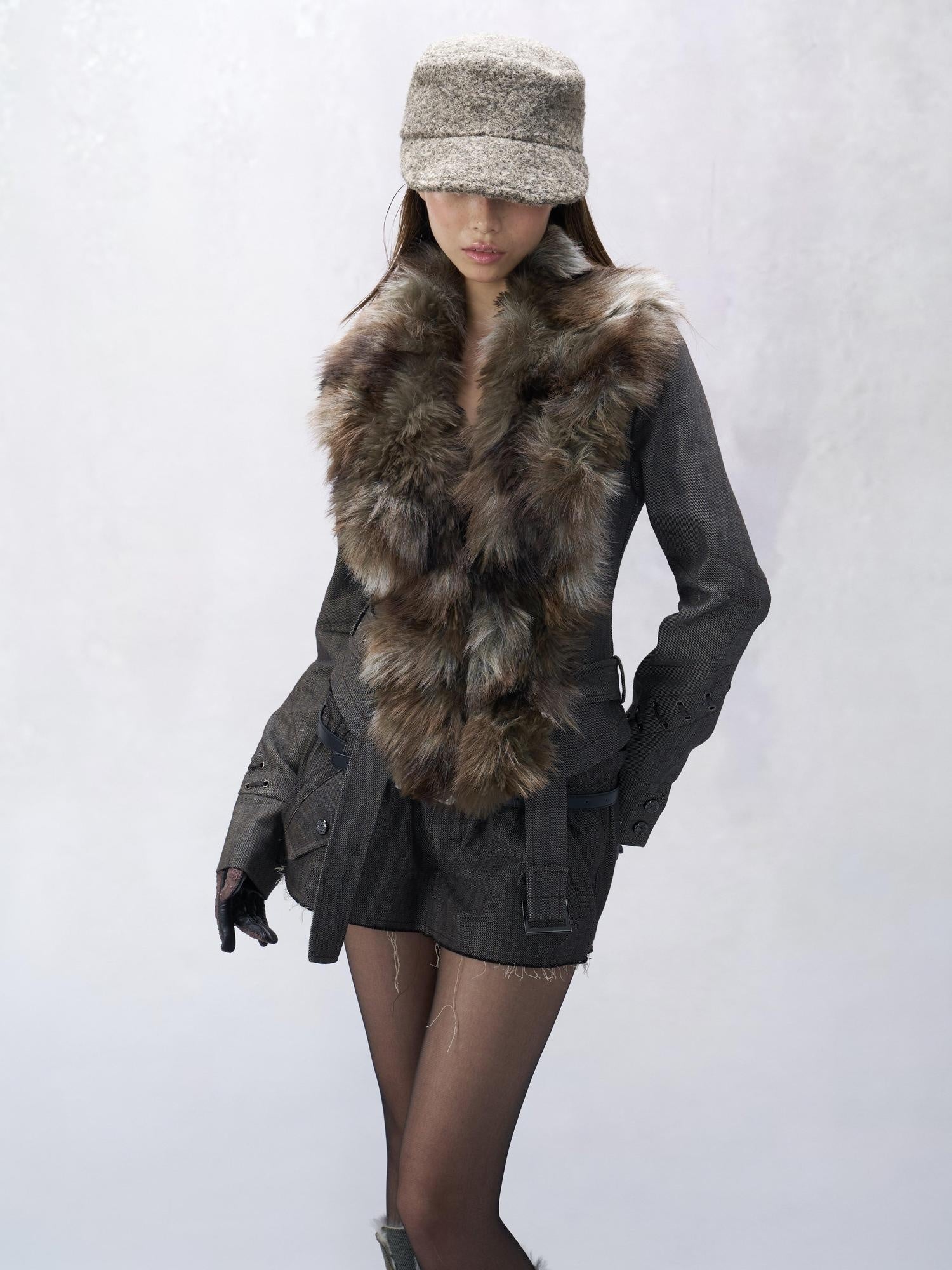 Flowers birds Market Reversible Easy Clean Faux Fur Cropped Slim Lapel Women Gray Brown Denim Jackets