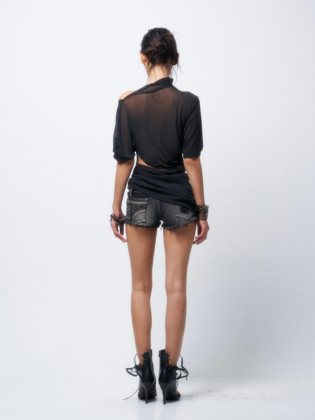 Flowers birds Market Ruffle Mesh Slim Casual Asymmetrical Neck Women Black Navy Short Sleeve T-Shirts