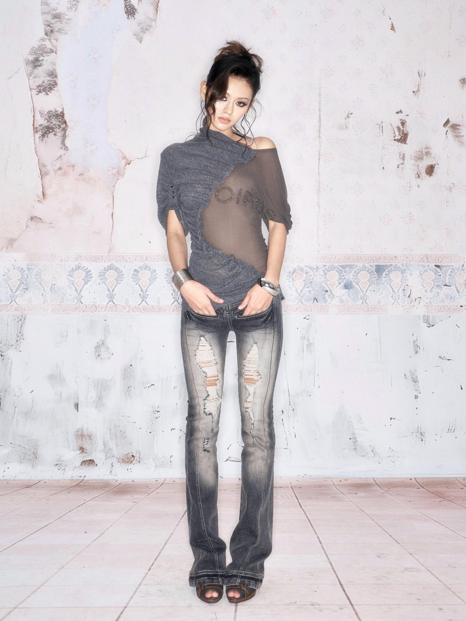 Flowers birds Market Ruffle Mesh Slim Casual Asymmetrical Neck Women Black Navy Short Sleeve T-Shirts