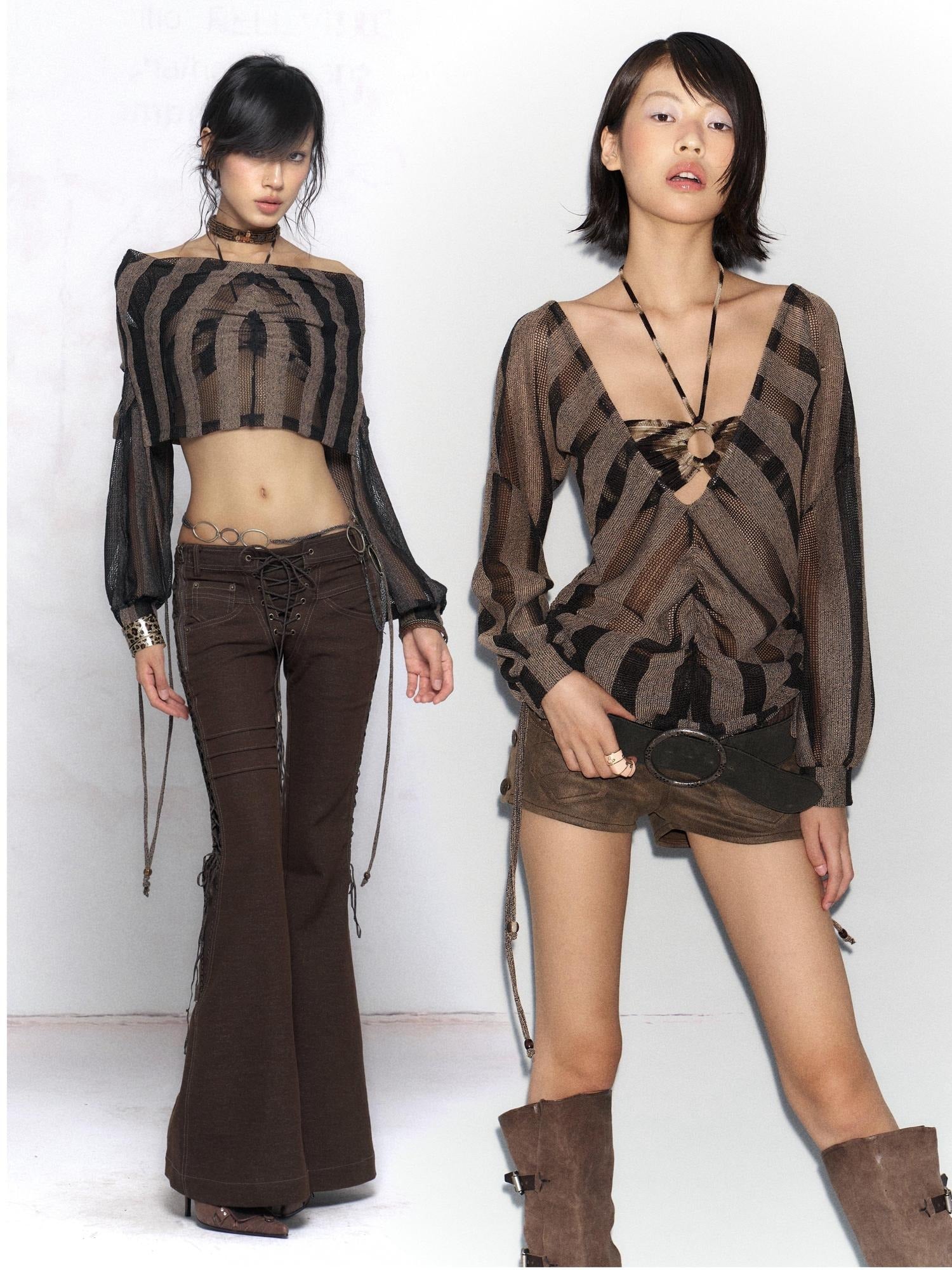 Flowers birds Market Sexy Asymmetric V-neck Loose Fit Linen Blend Striped Women Long Sleeve T-Shirts