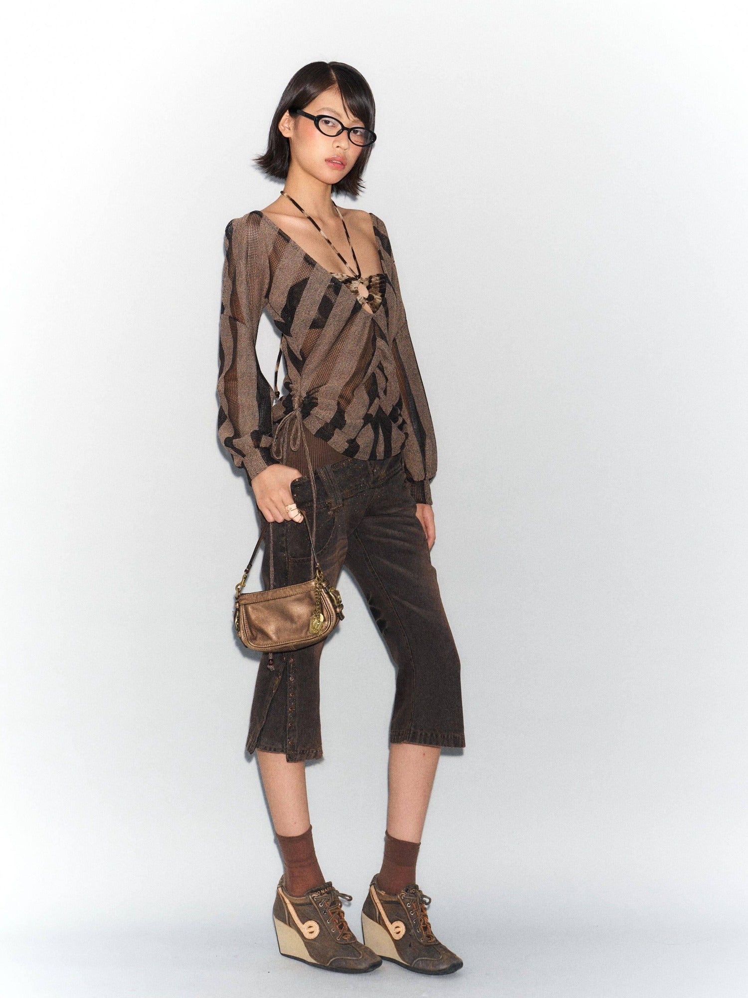 Flowers birds Market Sexy Asymmetric V-neck Loose Fit Linen Blend Striped Women Long Sleeve T-Shirts