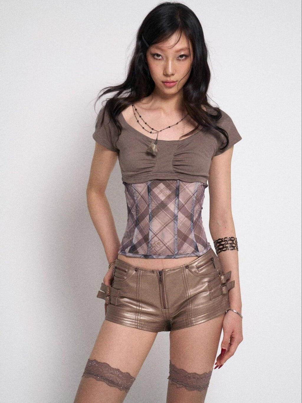 Flowers birds Market Sexy Cutout Back Slim Floral Plaid Cotton Round Neck Short Sleeve T-Shirts