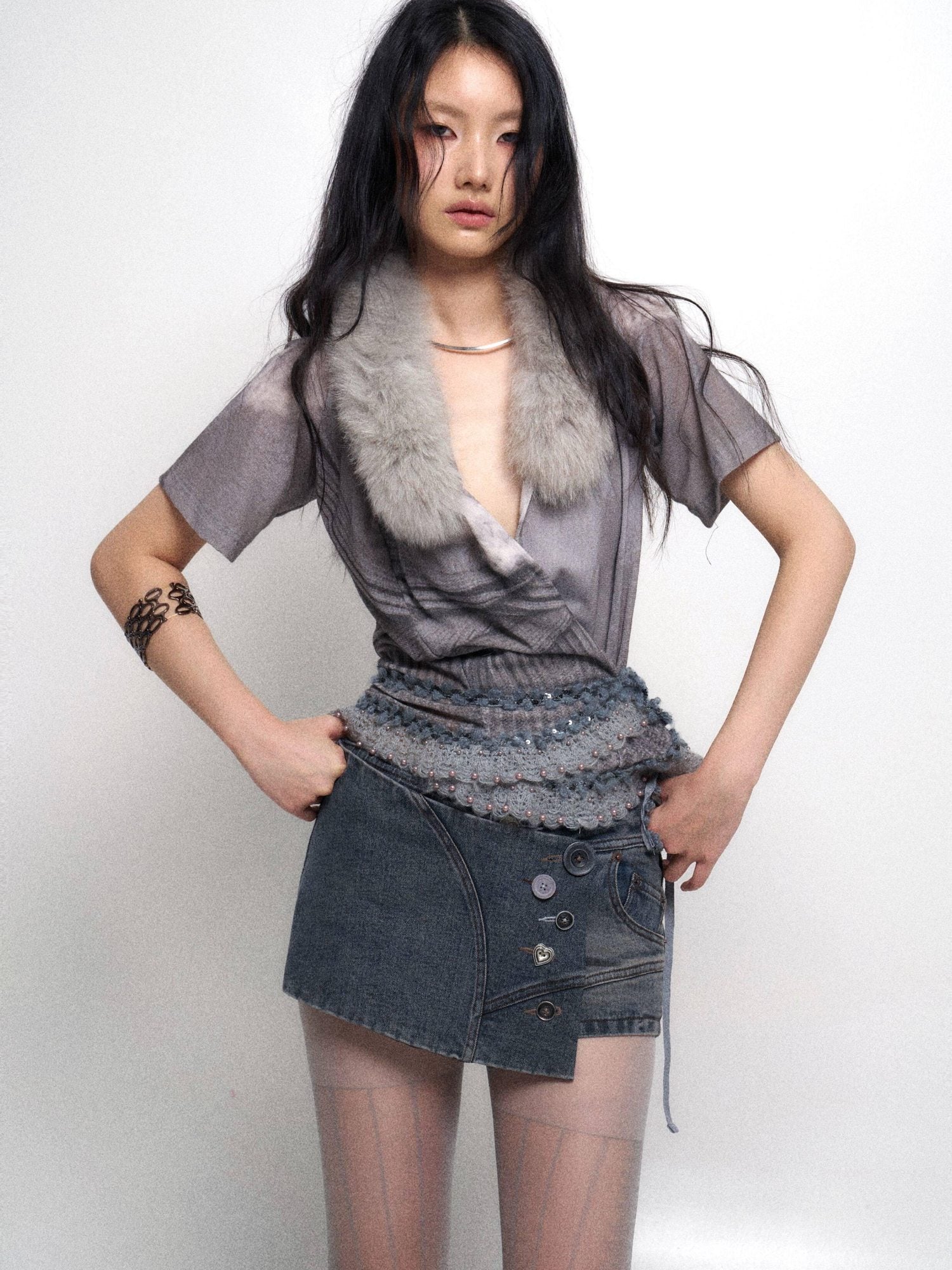 Flowers birds Market Sexy Lined Mid Rise Slim Patchwork Stretch Cotton Women Blue Gray Denim Shorts