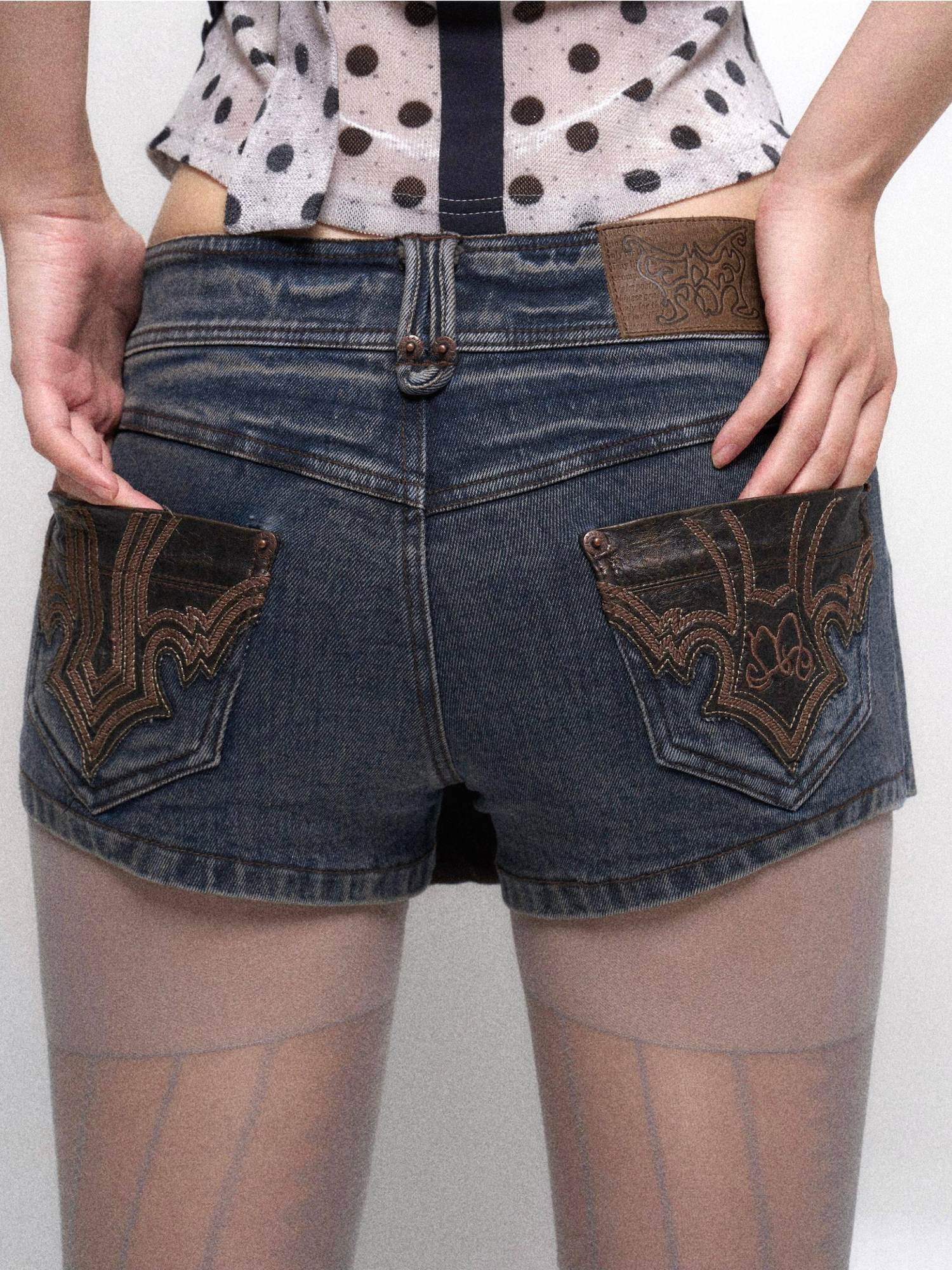 Flowers birds Market Sexy Lined Mid Rise Slim Patchwork Stretch Cotton Women Blue Gray Denim Shorts