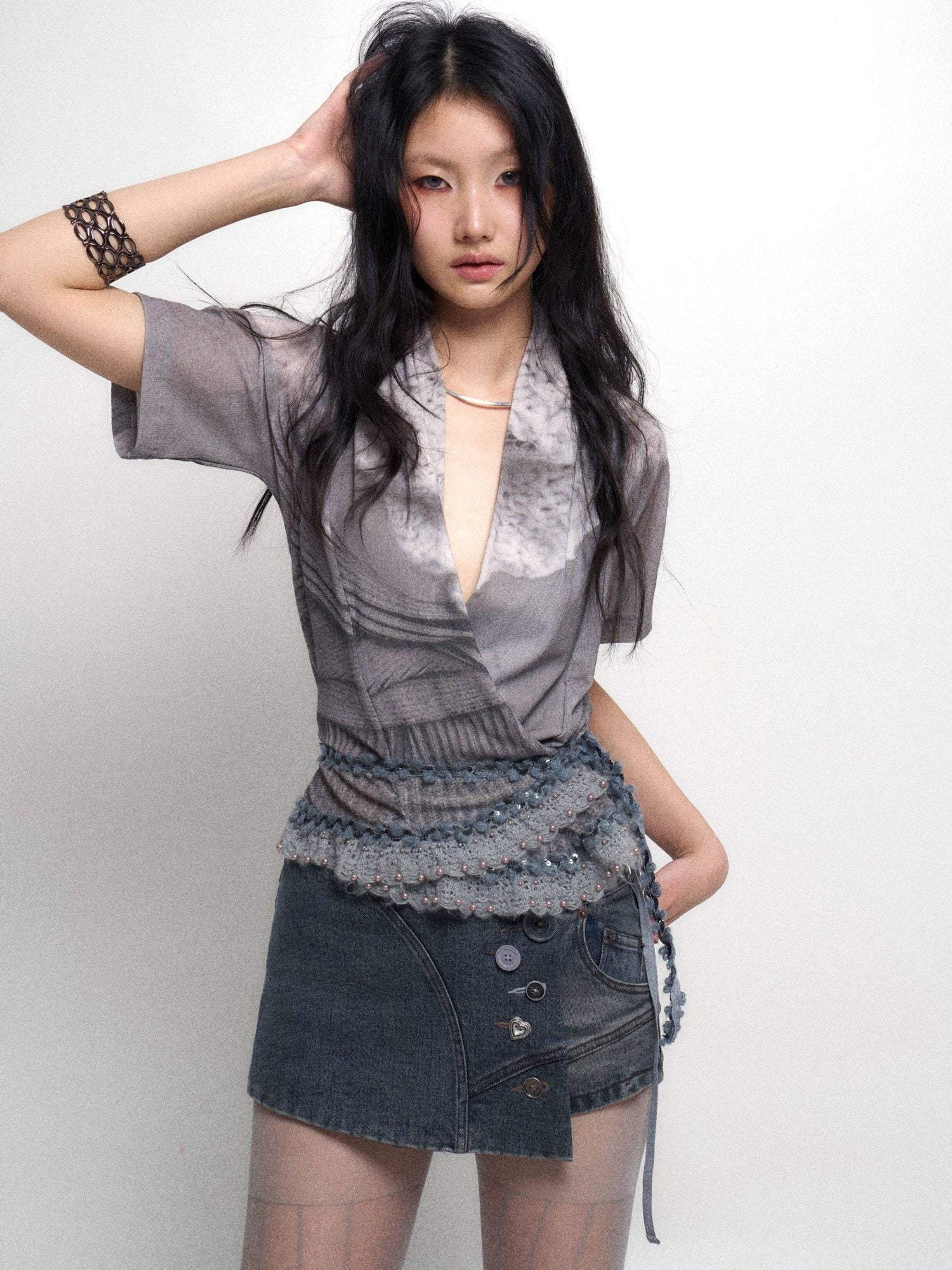 Flowers birds Market Sexy Lined Mid Rise Slim Patchwork Stretch Cotton Women Blue Gray Denim Shorts