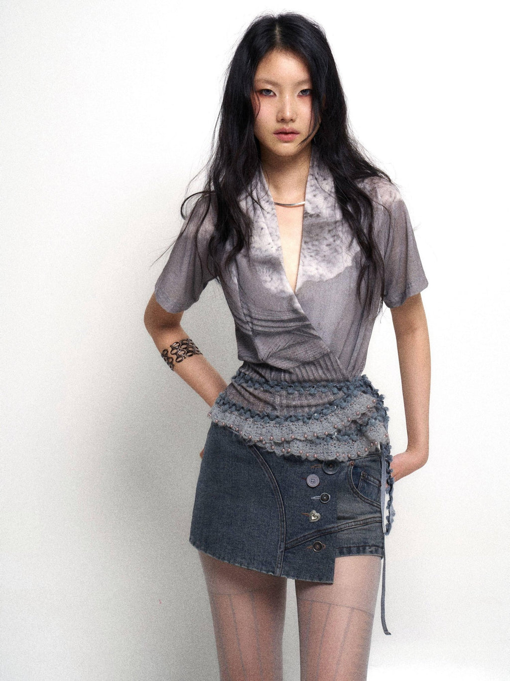 Flowers birds Market Sexy Lined Mid Rise Slim Patchwork Stretch Cotton Women Blue Gray Denim Shorts