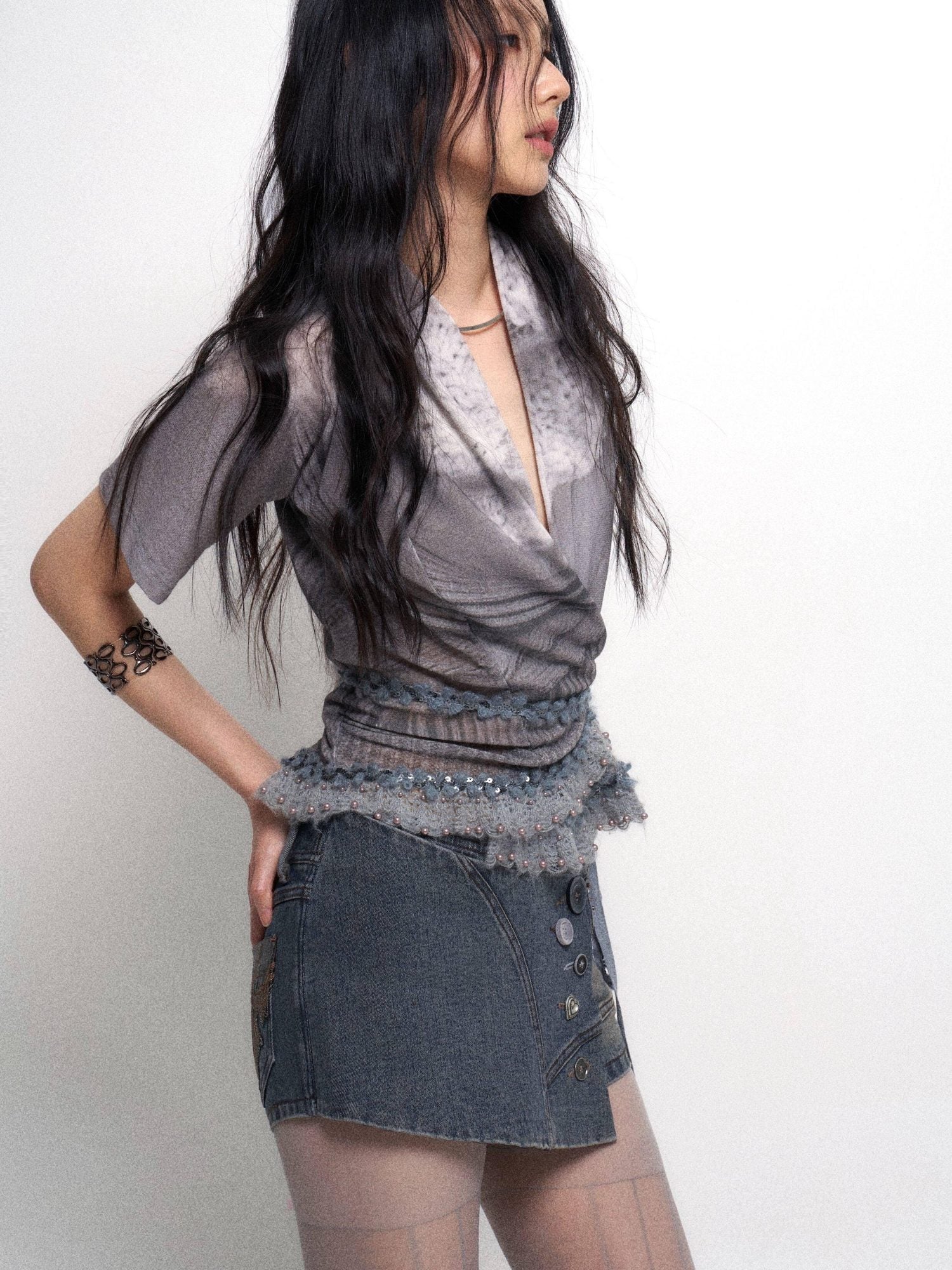 Flowers birds Market Sexy Lined Mid Rise Slim Patchwork Stretch Cotton Women Blue Gray Denim Shorts