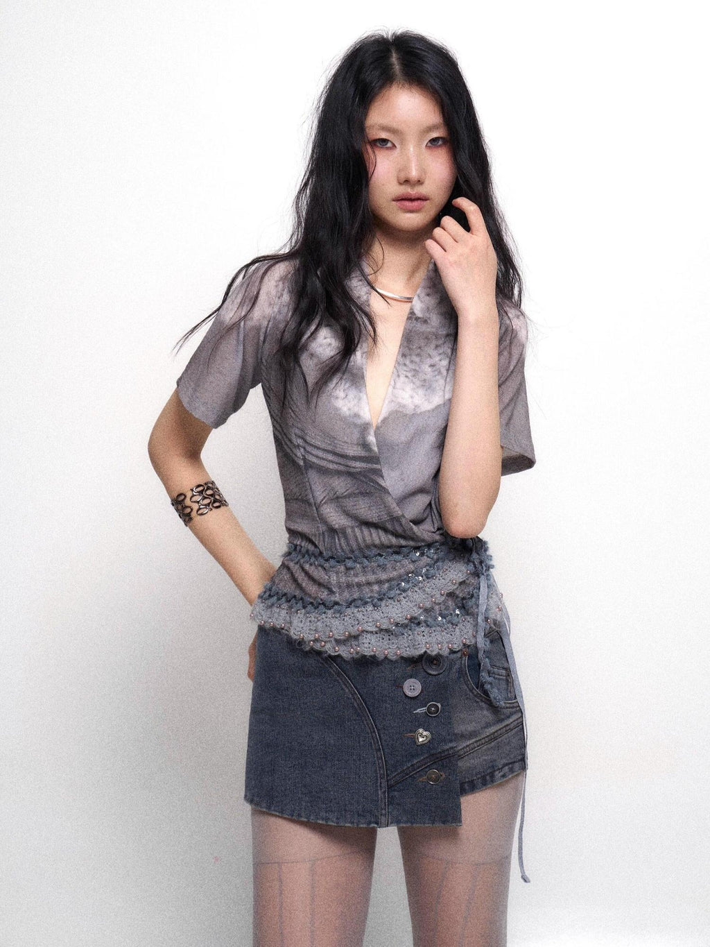 Flowers birds Market Sexy Lined Mid Rise Slim Patchwork Stretch Cotton Women Blue Gray Denim Shorts