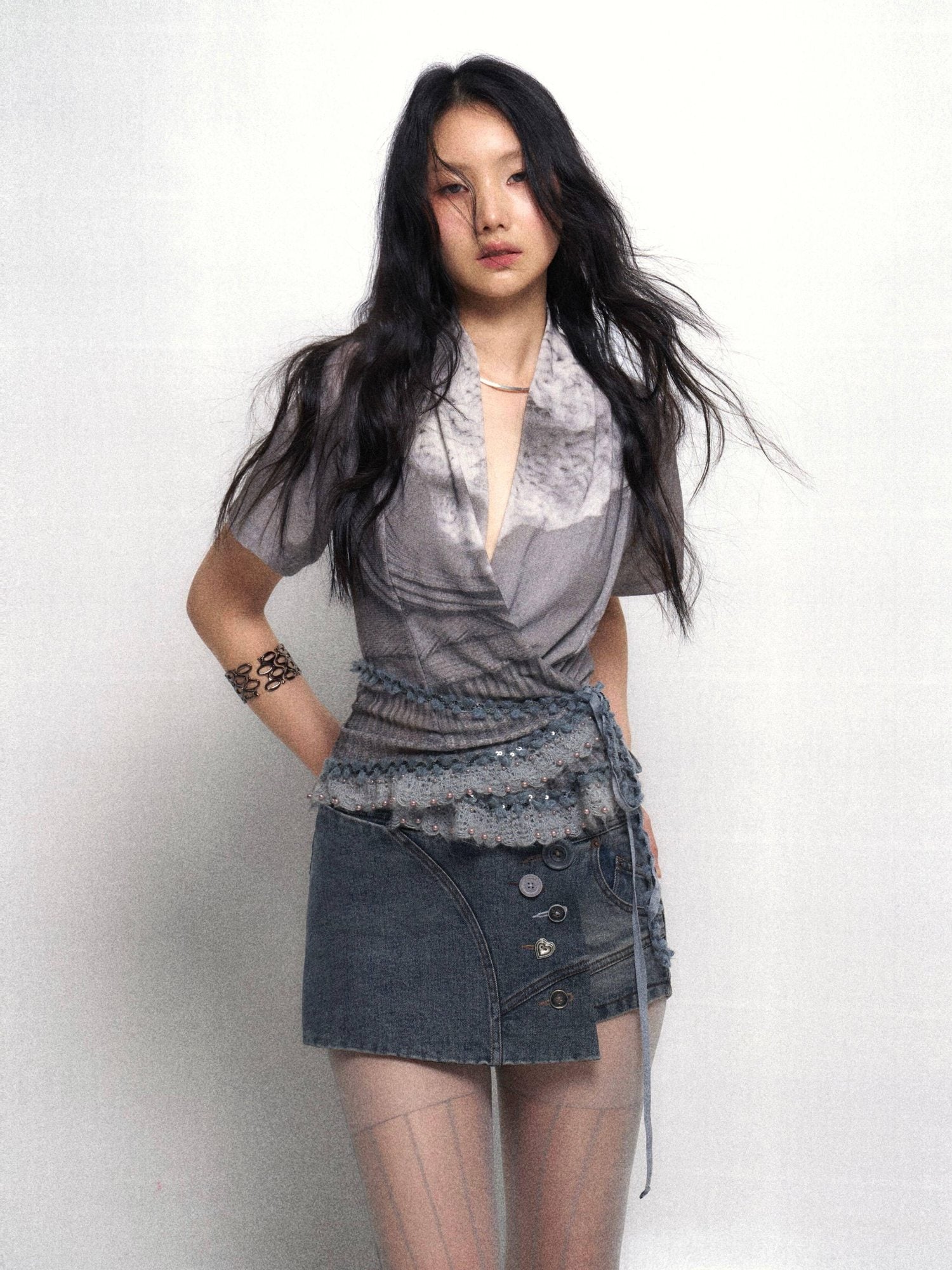 Flowers birds Market Sexy Lined Mid Rise Slim Patchwork Stretch Cotton Women Blue Gray Denim Shorts