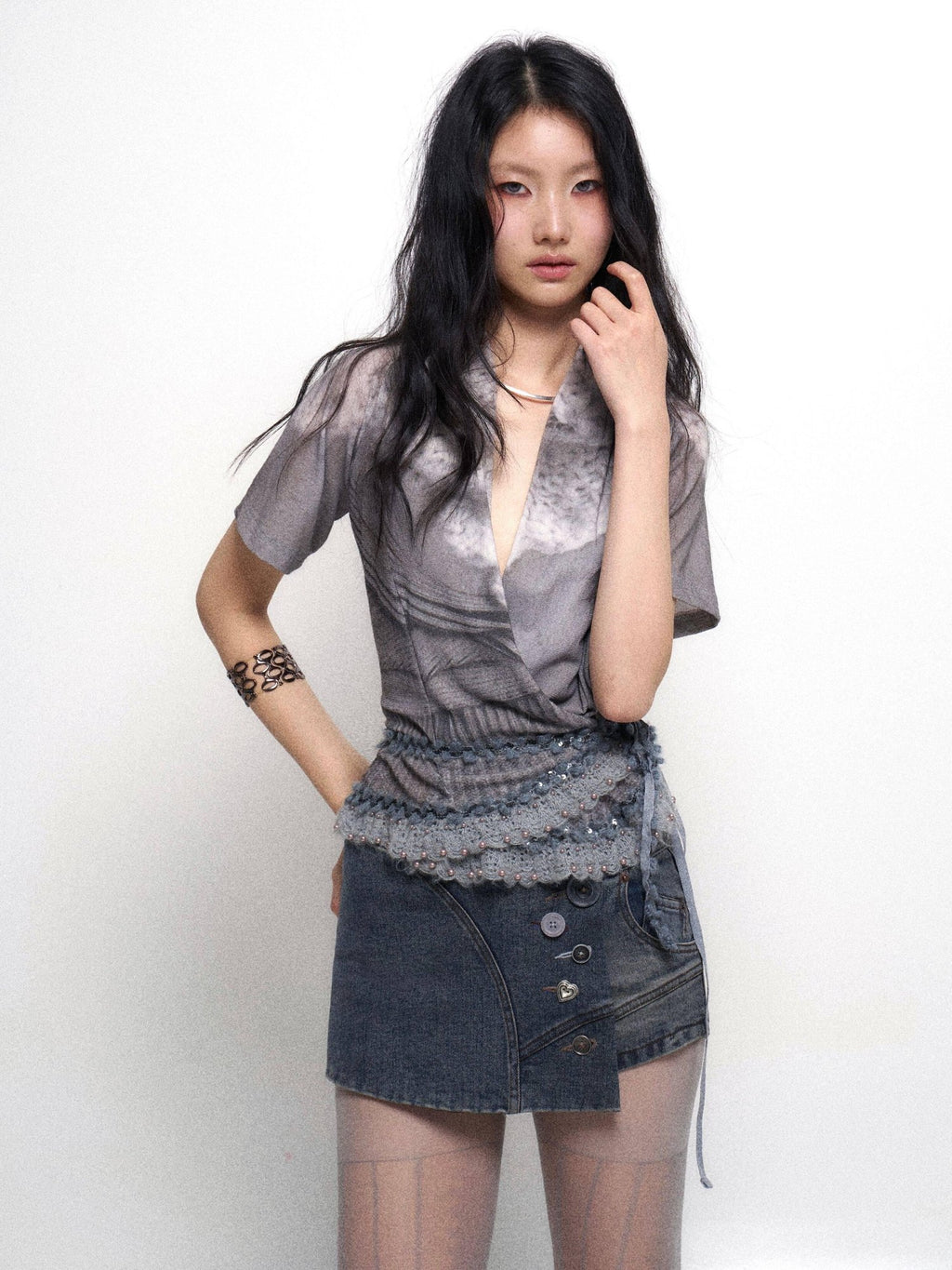 Flowers birds Market Sexy Lined Mid Rise Slim Patchwork Stretch Cotton Women Blue Gray Denim Shorts