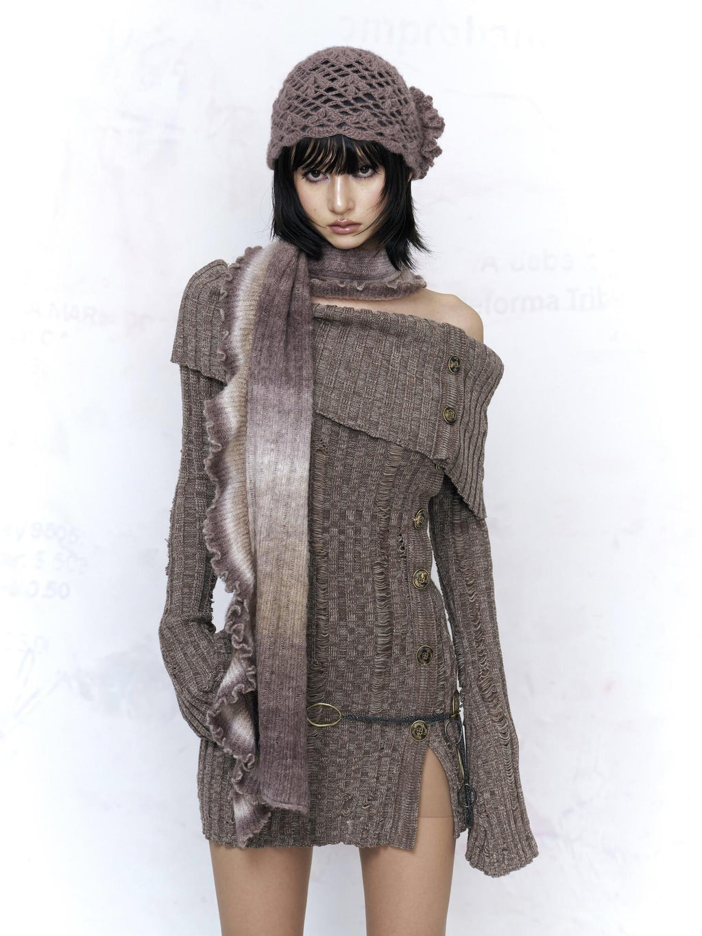 Flowers birds Market Sexy Open Back Distressed One Shoulder Wool Knit Button Detail Women Sweaters