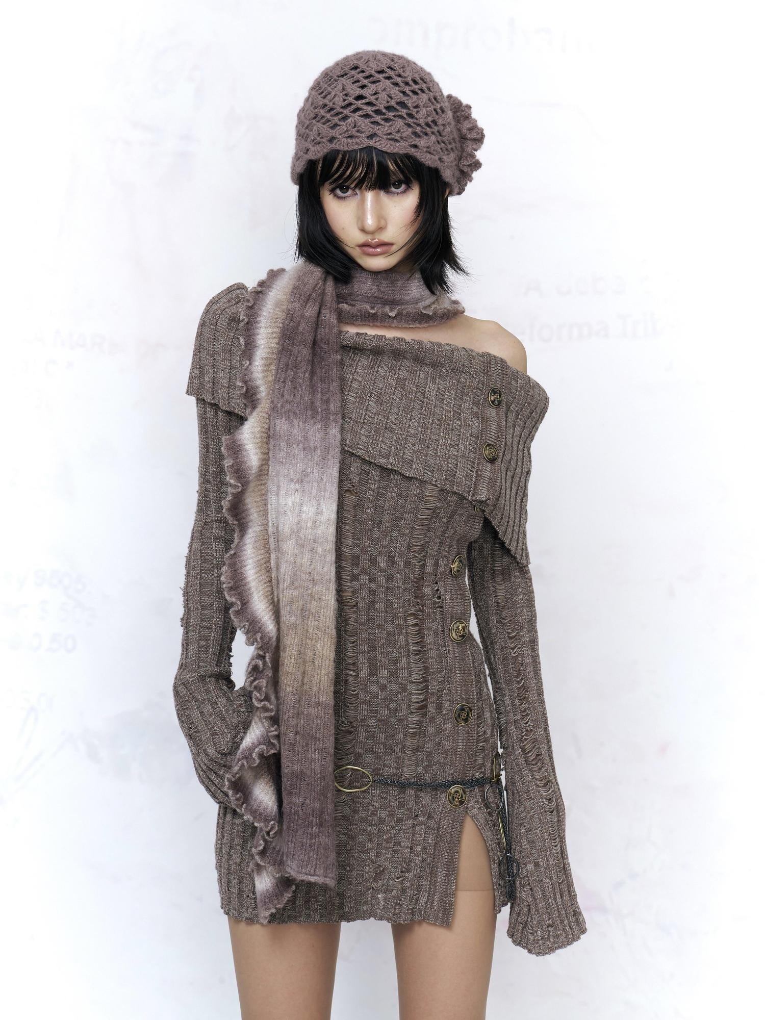 Flowers birds Market Sexy Open Back Distressed One Shoulder Wool Knit Button Detail Women Sweaters