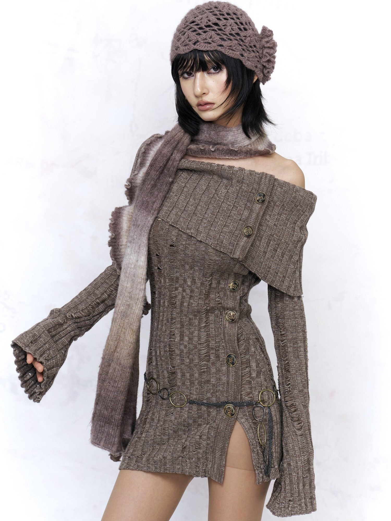 Flowers birds Market Sexy Open Back Distressed One Shoulder Wool Knit Button Detail Women Sweaters