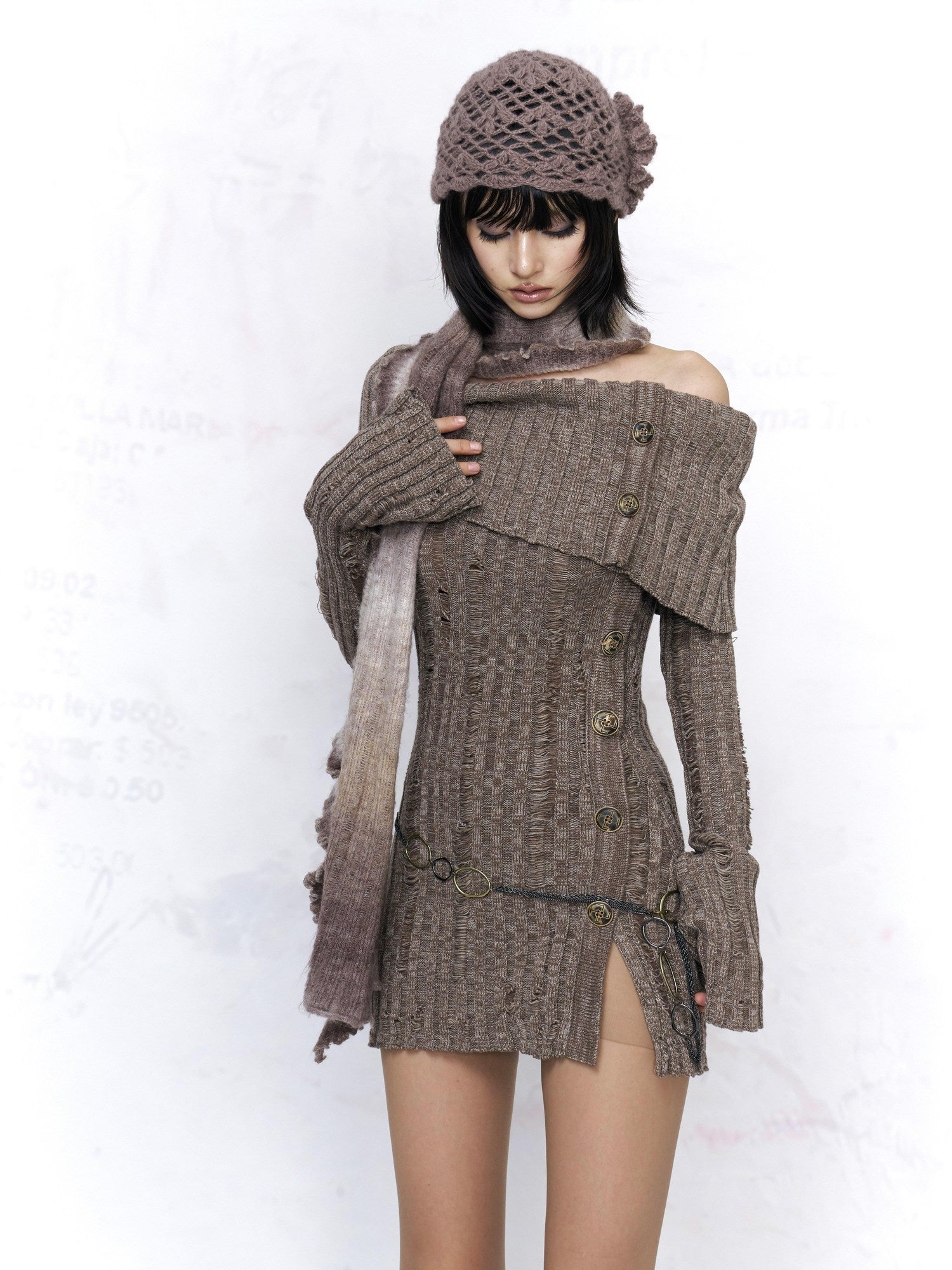 Flowers birds Market Sexy Open Back Distressed One Shoulder Wool Knit Button Detail Women Sweaters