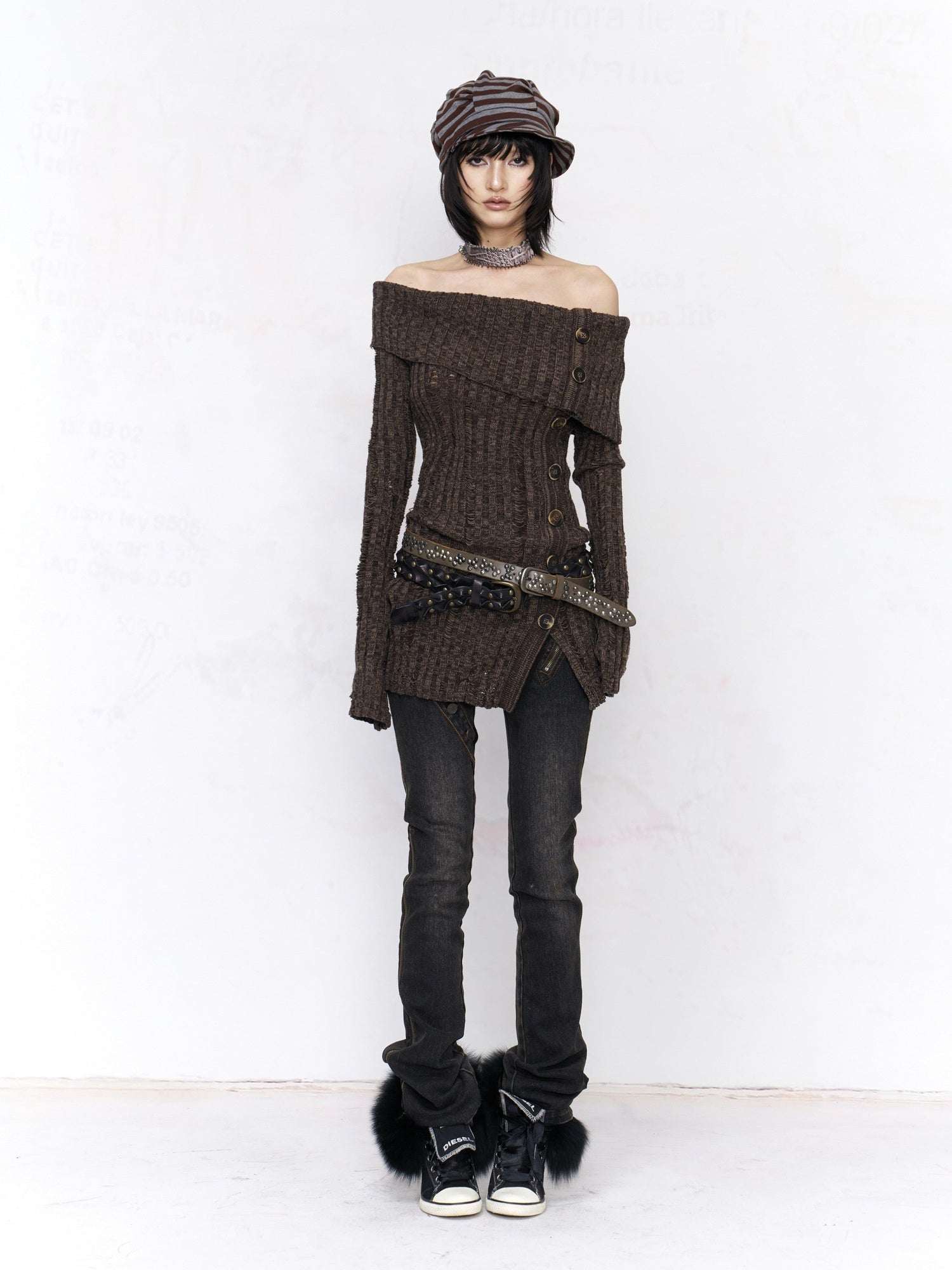 Flowers birds Market Sexy Open Back Distressed One Shoulder Wool Knit Button Detail Women Sweaters