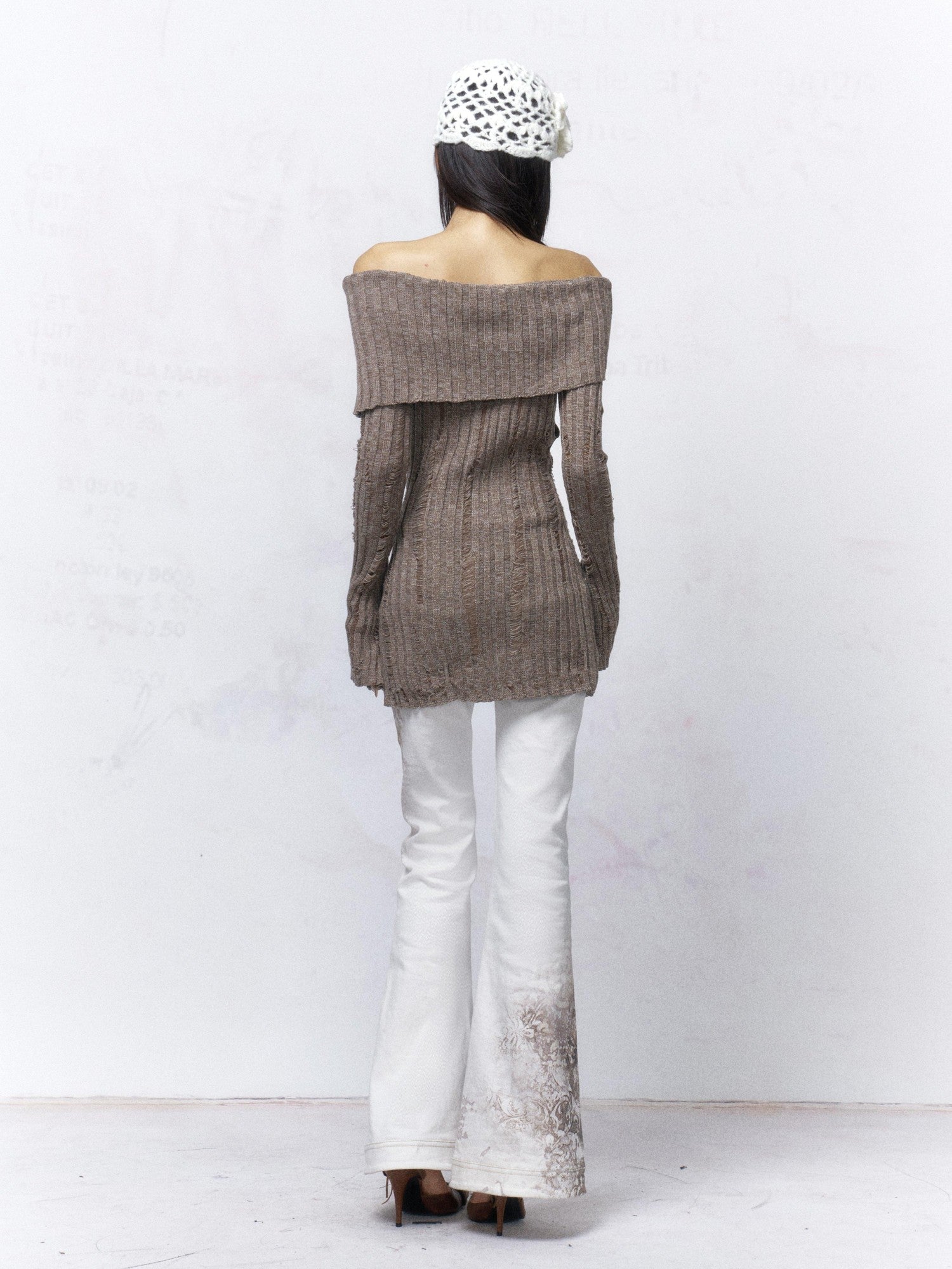 Flowers birds Market Sexy Open Back Distressed One Shoulder Wool Knit Button Detail Women Sweaters