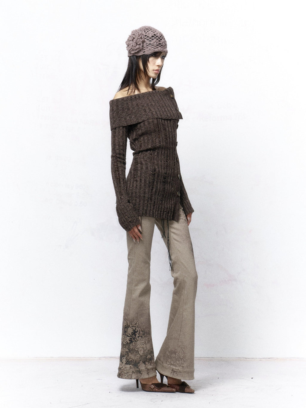Flowers birds Market Sexy Open Back Distressed One Shoulder Wool Knit Button Detail Women Sweaters