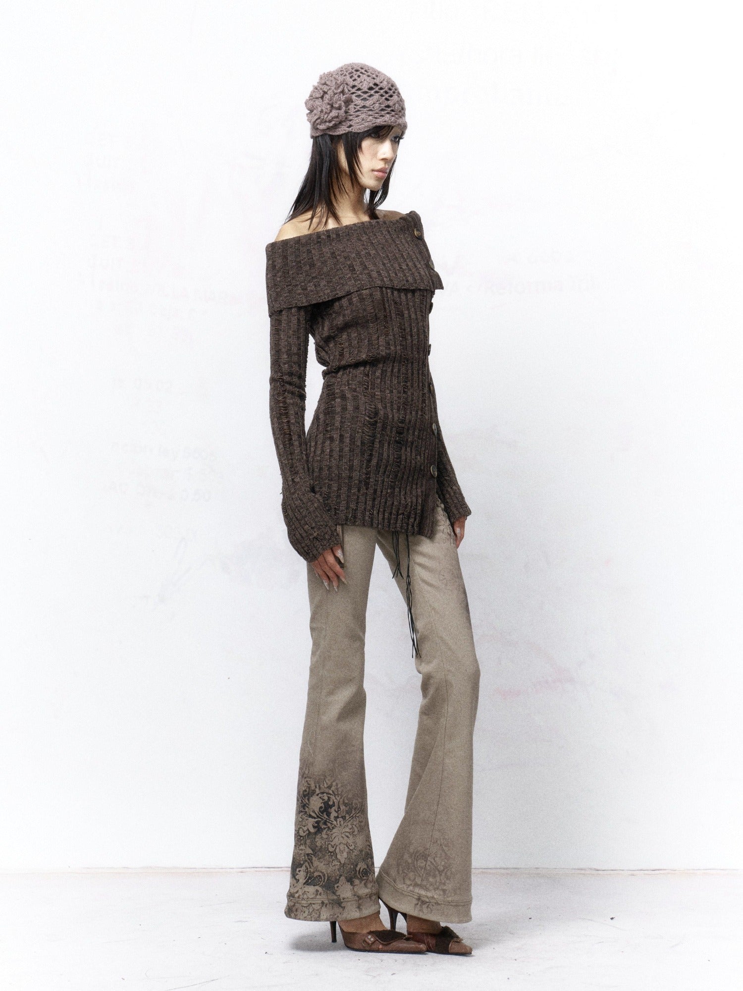 Flowers birds Market Sexy Open Back Distressed One Shoulder Wool Knit Button Detail Women Sweaters