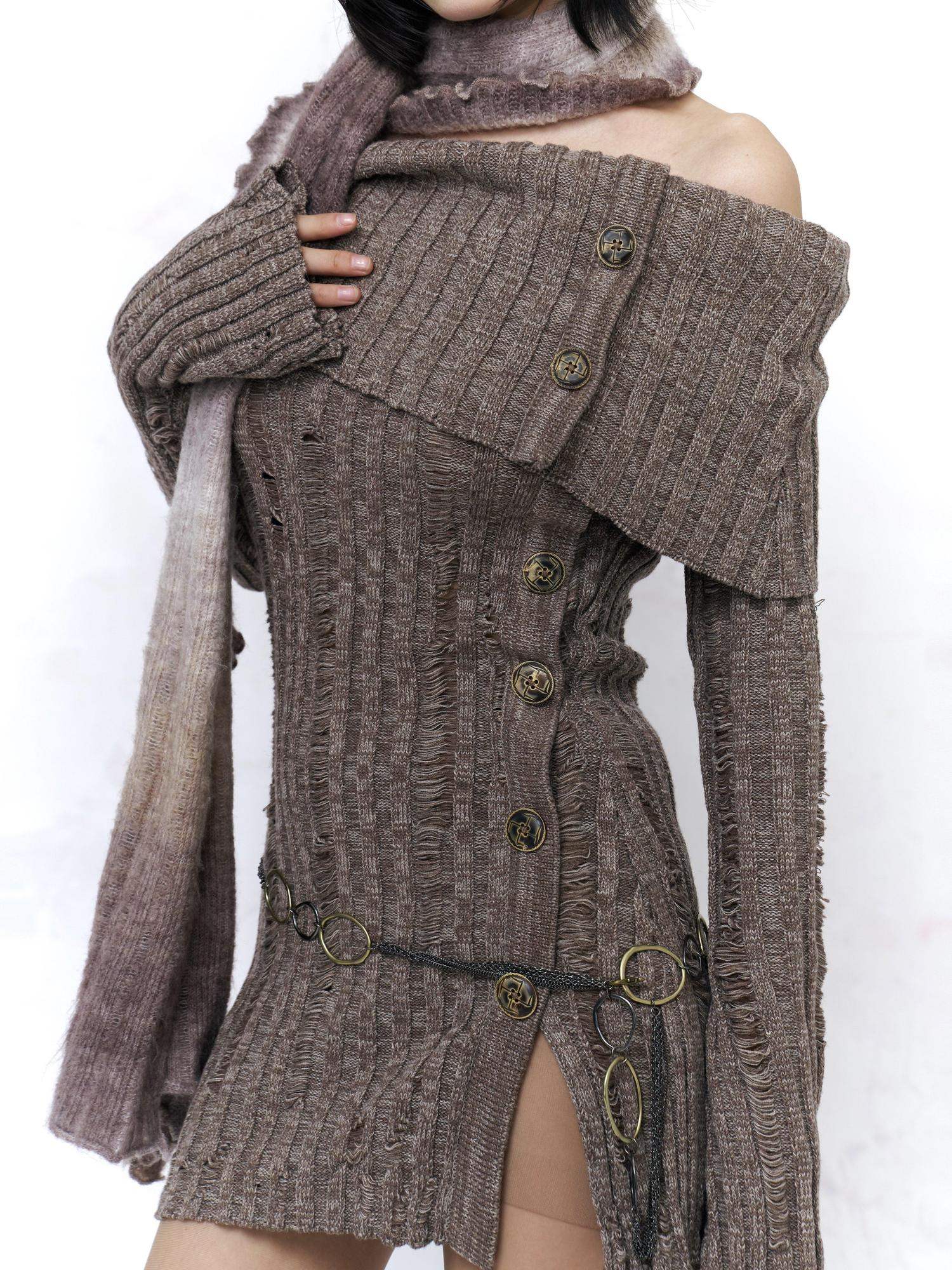 Flowers birds Market Sexy Open Back Distressed One Shoulder Wool Knit Button Detail Women Sweaters