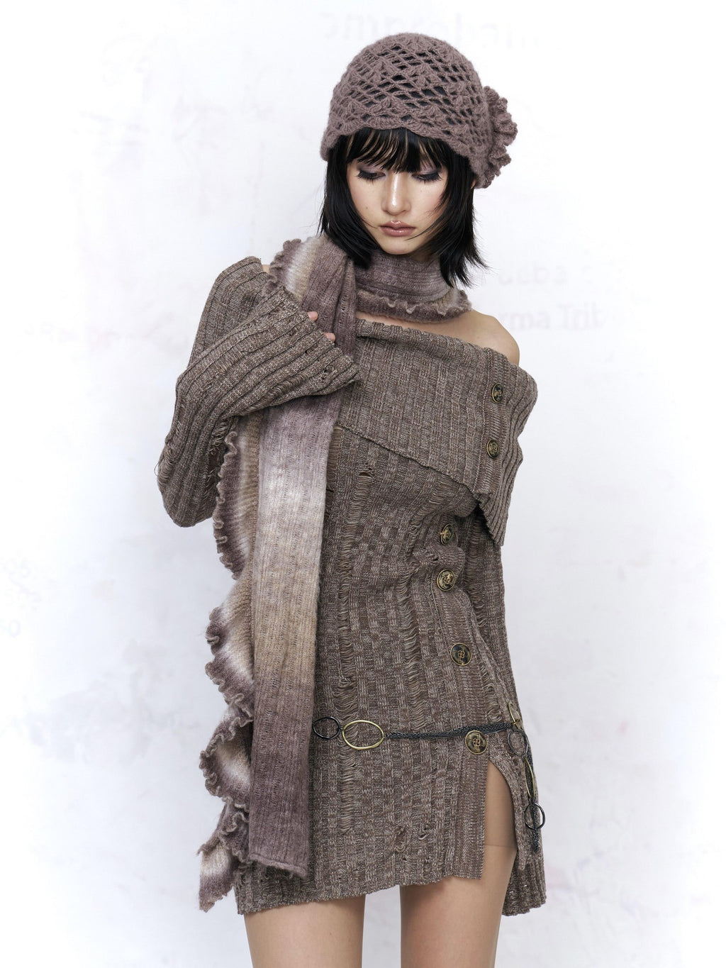 Flowers birds Market Sexy Open Back Distressed One Shoulder Wool Knit Button Detail Women Sweaters