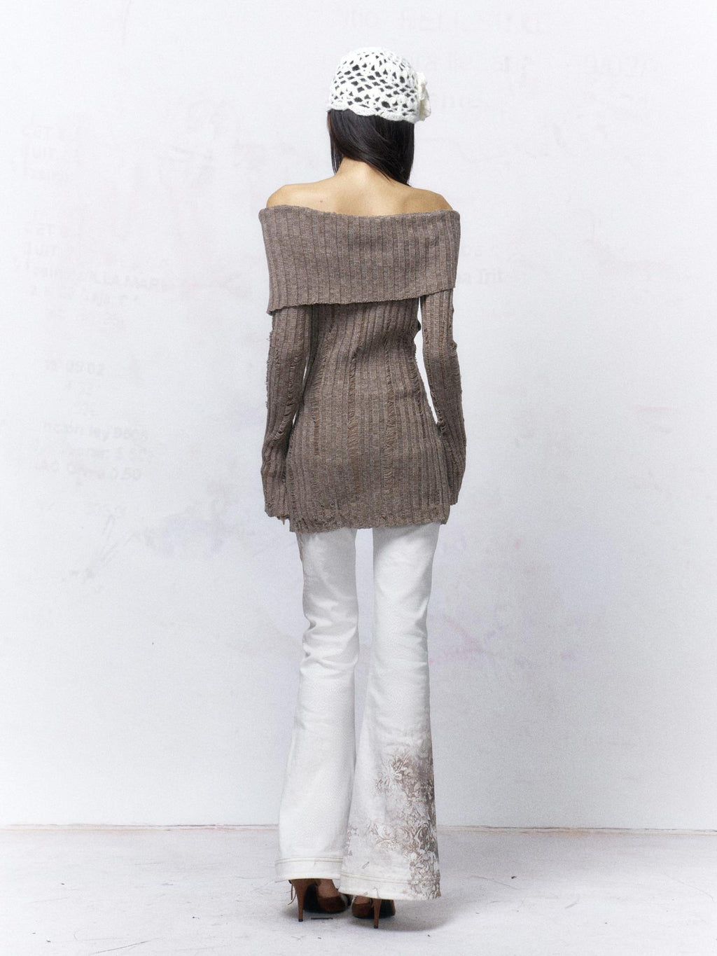 Flowers birds Market Sexy Open Back Distressed One Shoulder Wool Knit Button Detail Women Sweaters