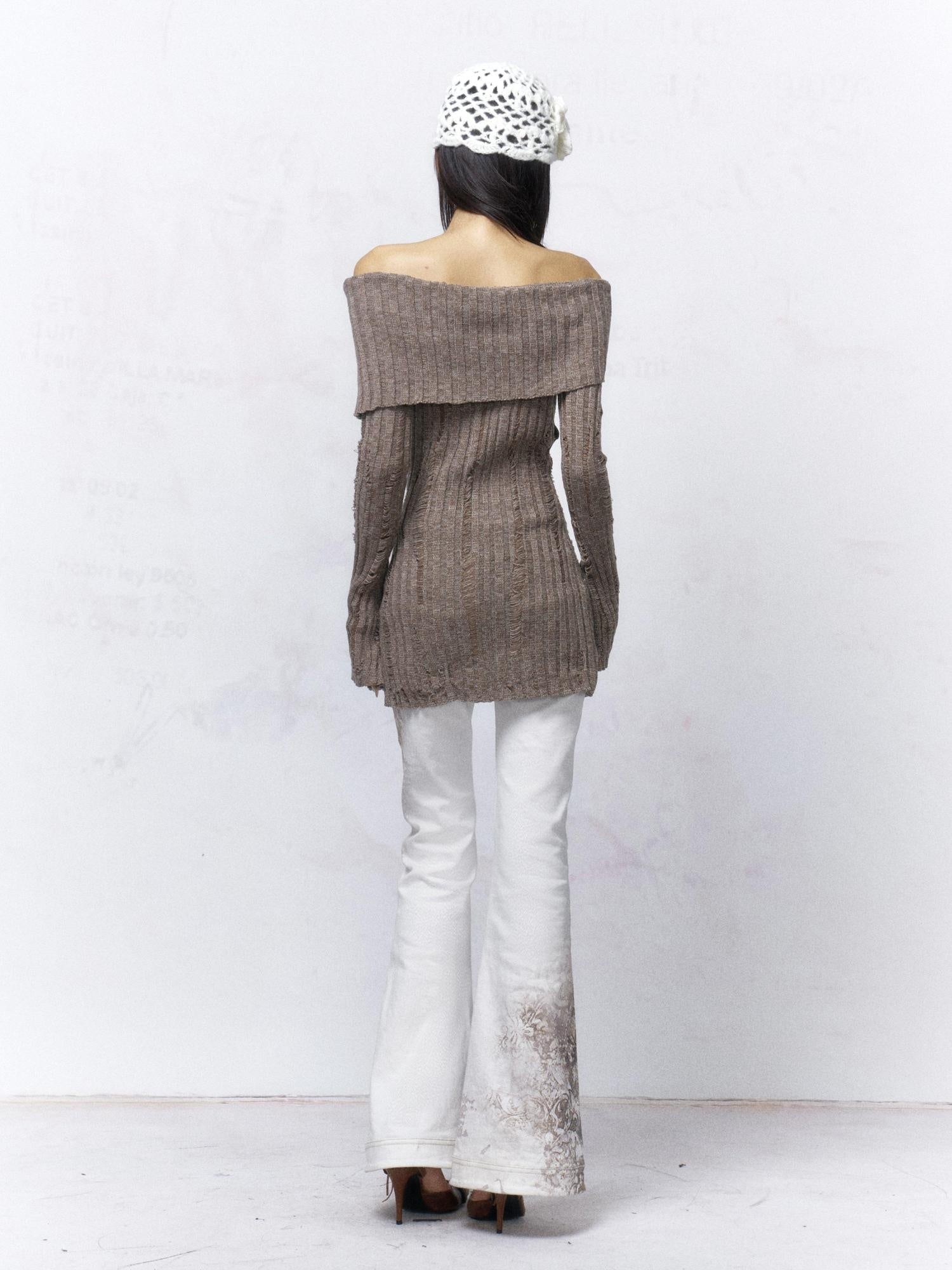 Flowers birds Market Sexy Open Back Distressed One Shoulder Wool Knit Button Detail Women Sweaters