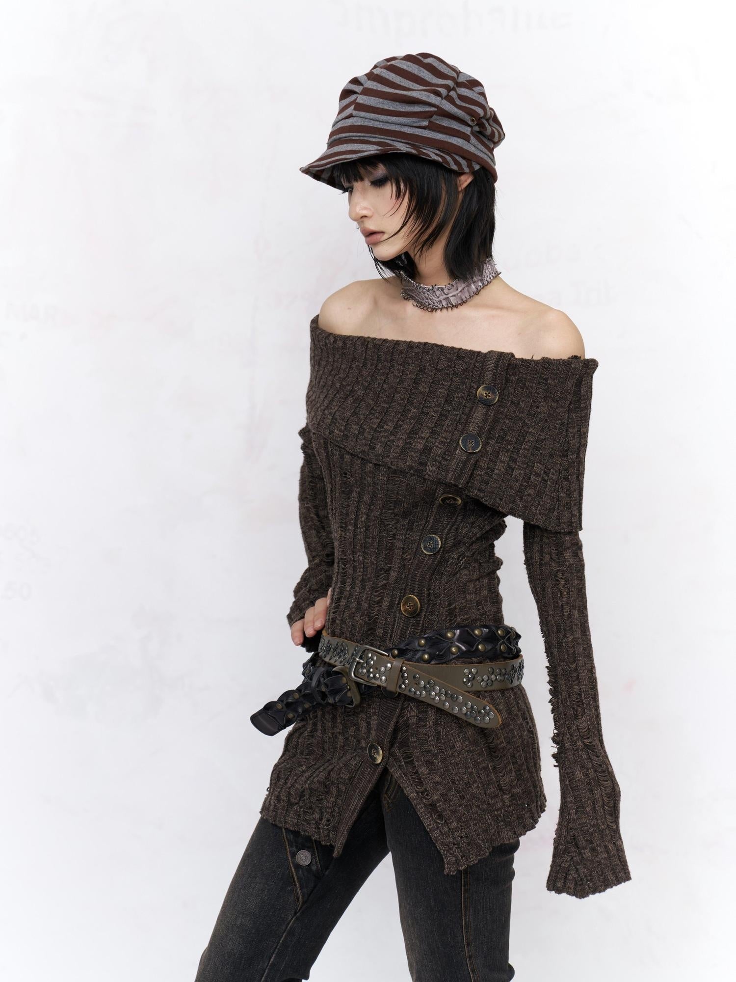 Flowers birds Market Sexy Open Back Distressed One Shoulder Wool Knit Button Detail Women Sweaters