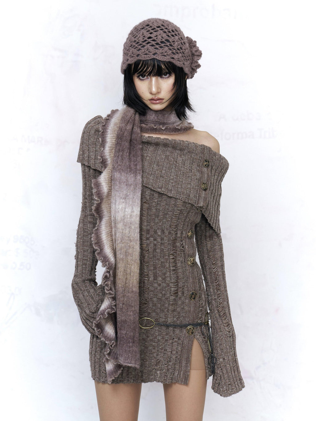 Flowers birds Market Sexy Open Back Distressed One Shoulder Wool Knit Button Detail Women Sweaters