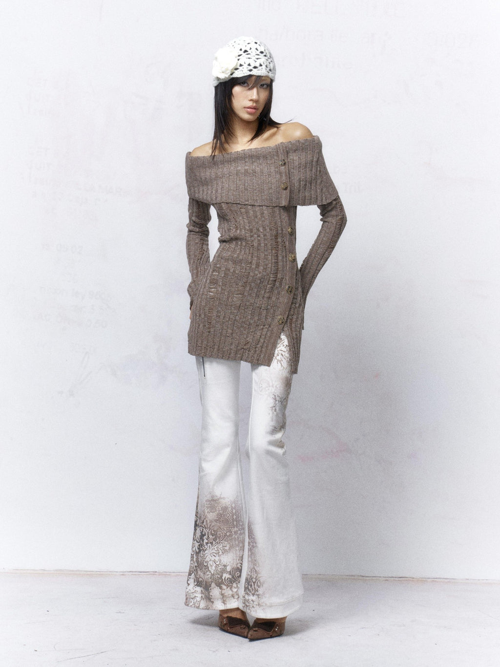 Flowers birds Market Sexy Open Back Distressed One Shoulder Wool Knit Button Detail Women Sweaters