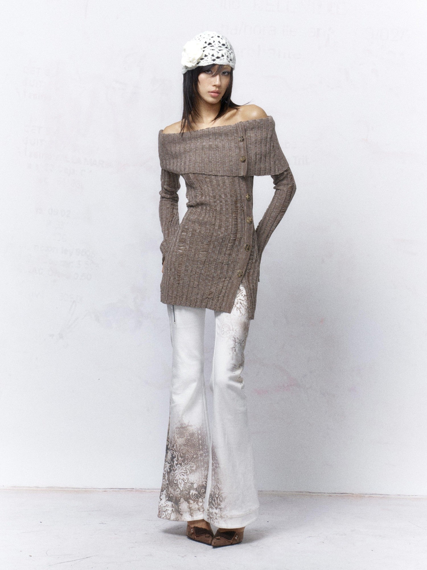 Flowers birds Market Sexy Open Back Distressed One Shoulder Wool Knit Button Detail Women Sweaters